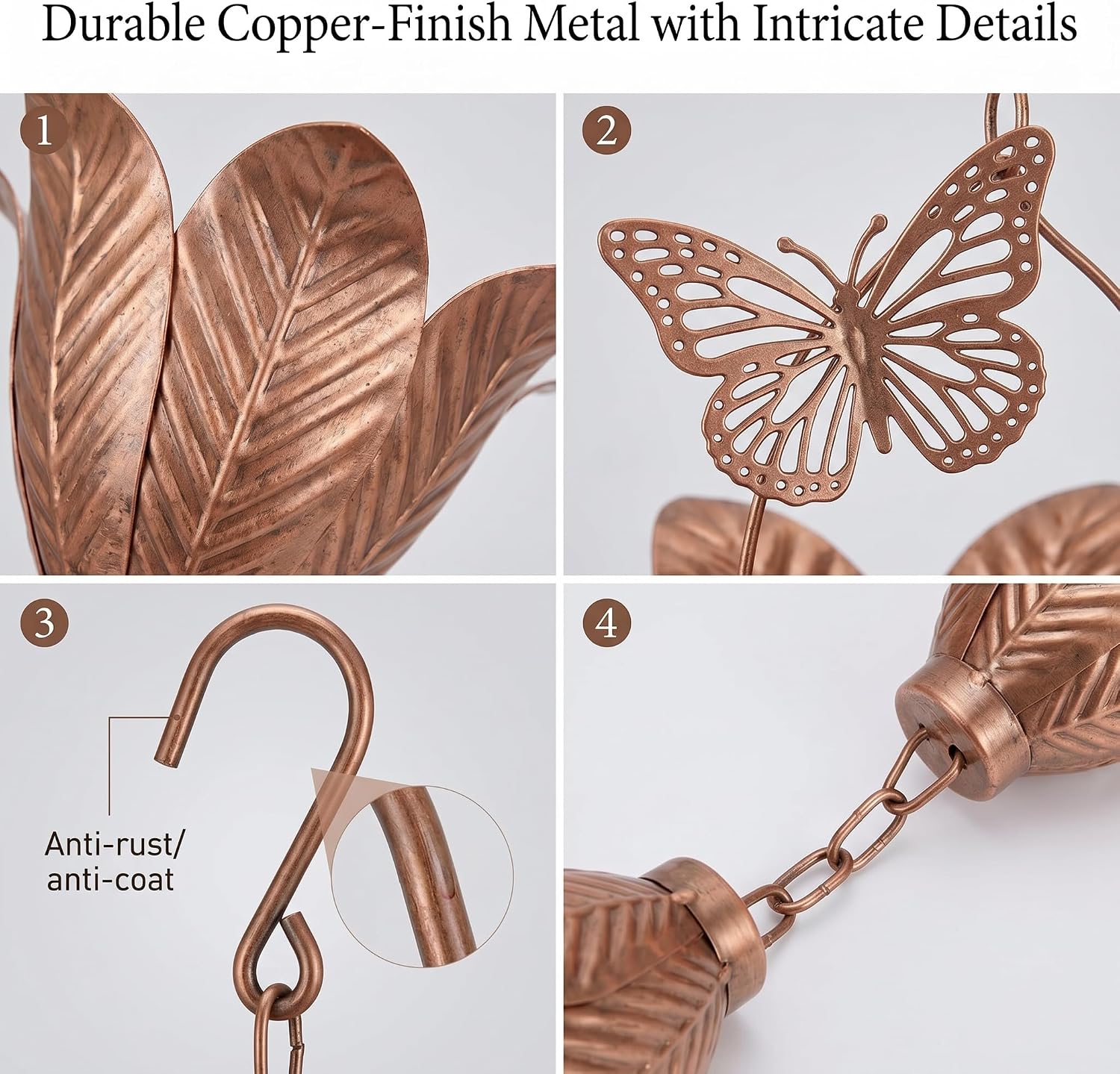 105-Inch Copper Rain Chain with 10 Tulip Cups & Butterfly Accents – Decorative Gutter Downspout Alternative, Weather-Resistant Metal Rain Chain for Patio, Garden & Home Exterior
