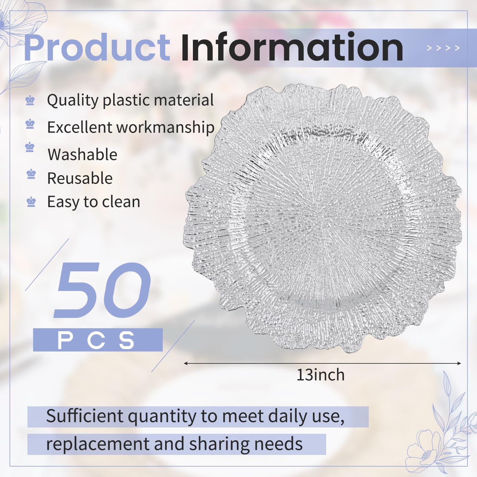 50 Pcs Silver Charger Plates Bulk, 13