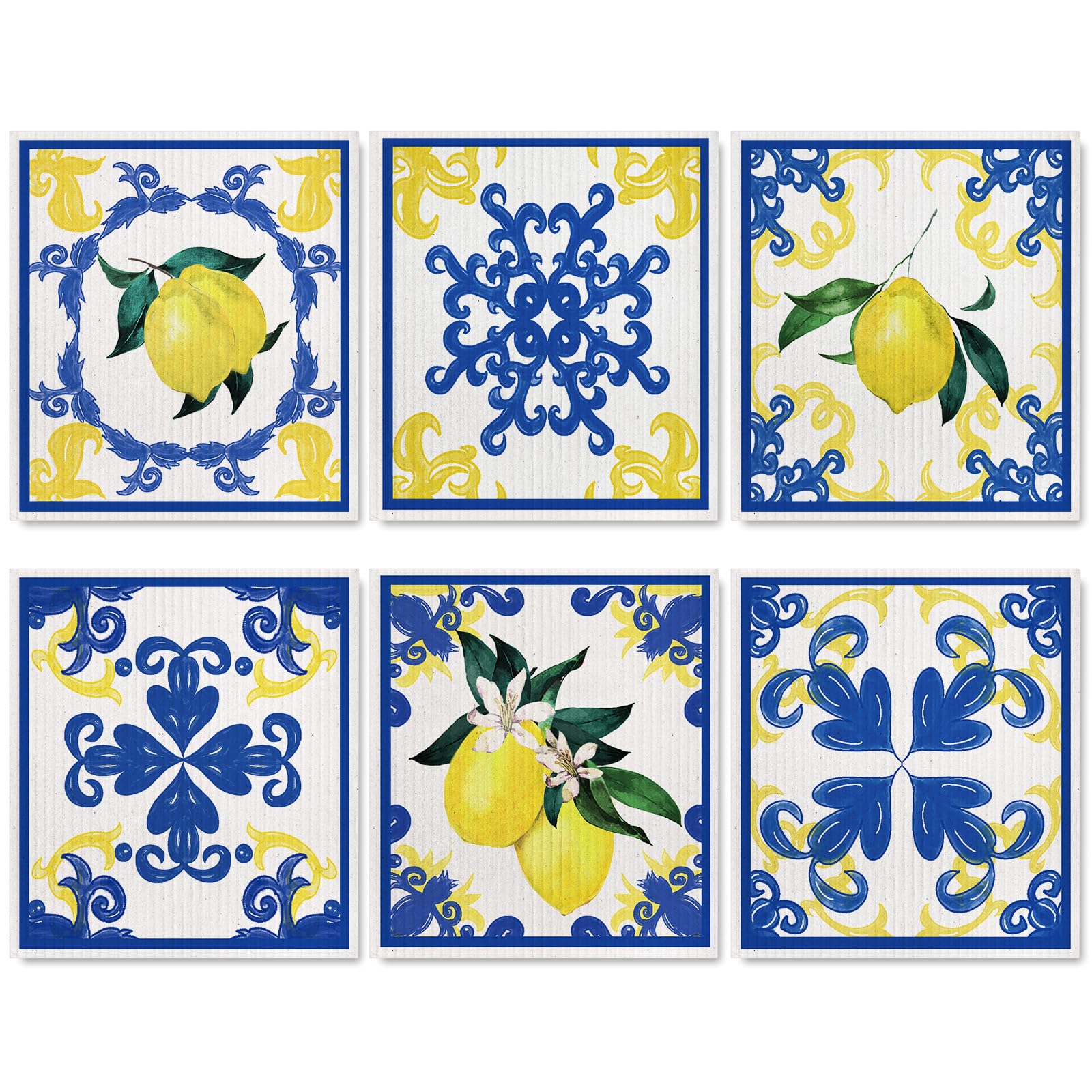 6-Pack Blue Lemon Swedish Dishcloths - Reusable Absorbent Kitchen Towels, Eco-Friendly Sponge Cloths