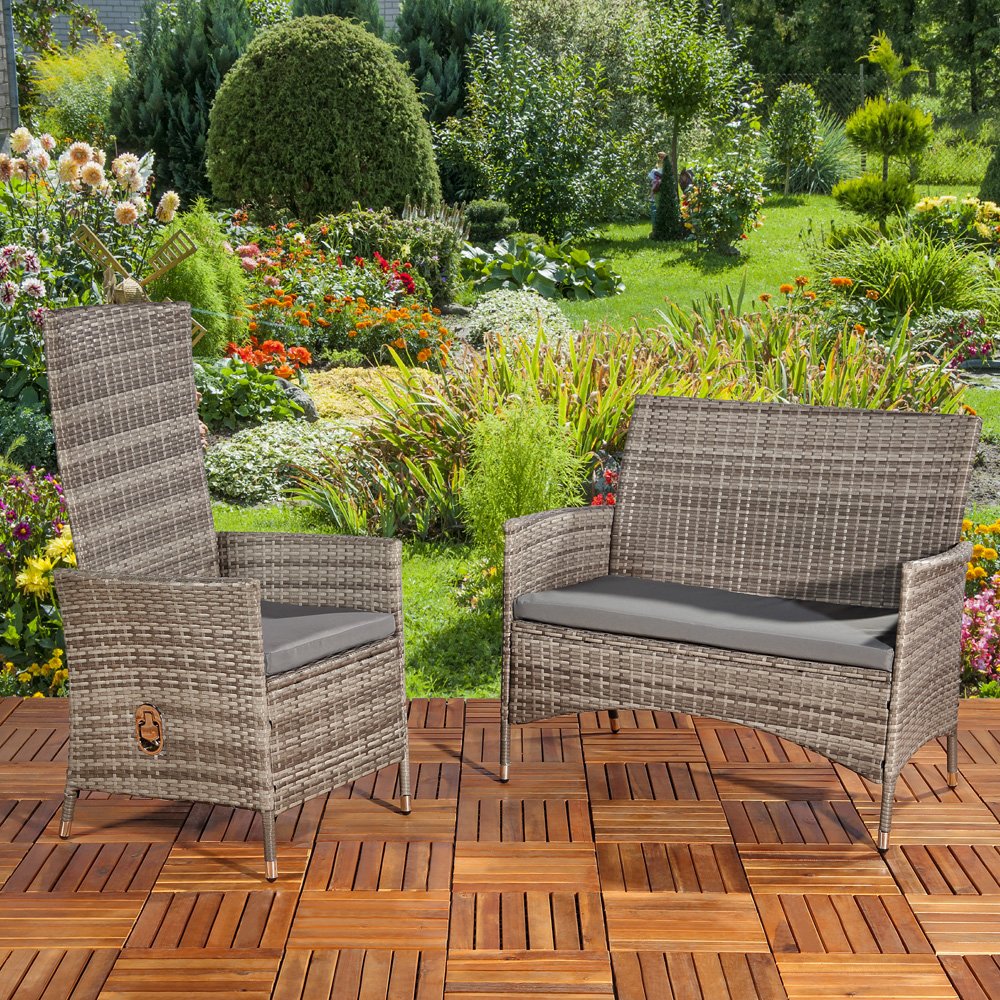 Melko Panchina da Giardino in Polyrattan con Cuscino, Colore Grigio, Dimensioni 108 x 51 x 89 cm, Struttura in Metallo