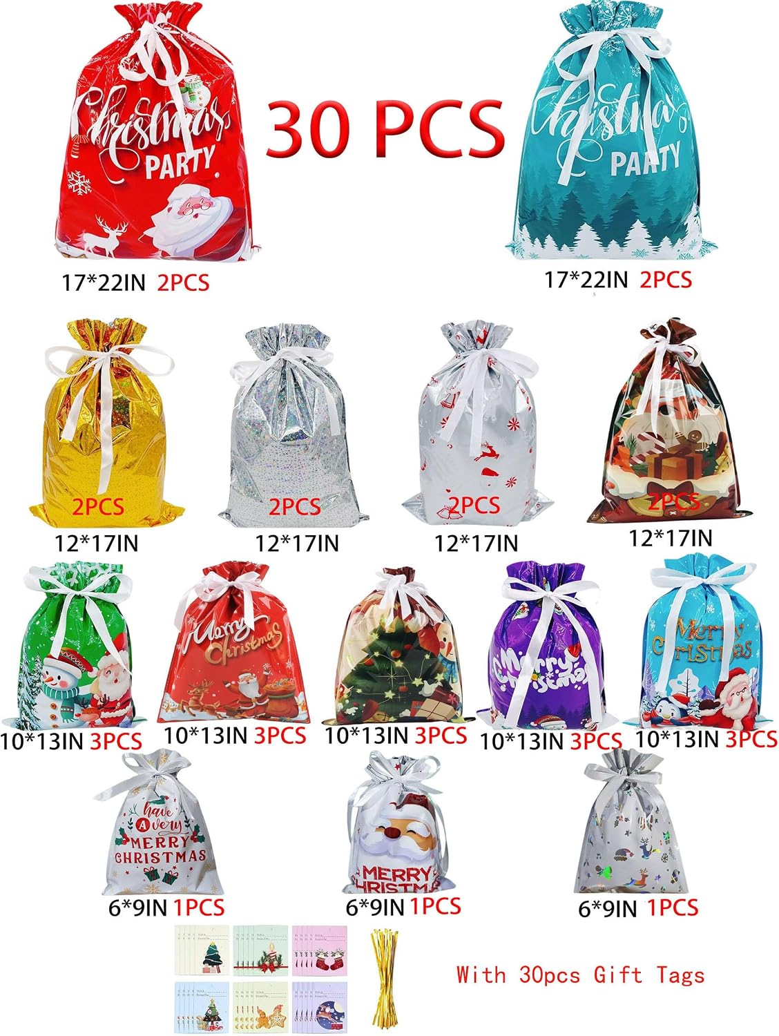 RLLJS 30Pcs Merry Christmas Drawstring Gift Bag New Year Candy Cookie Packaging Bag Christmas Home Decoration with Tags