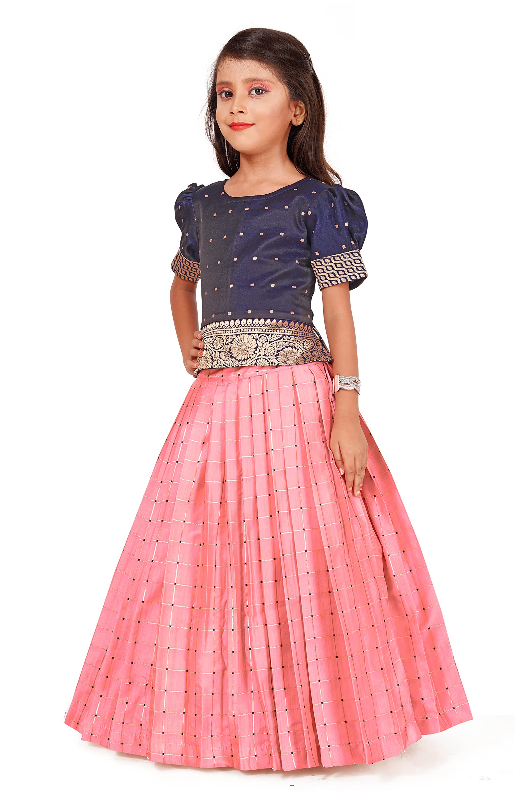 FELIZ THE DESIGNER STUDIO Girl's Round Neck Half Sleeve Pink Color Pattu Pavadai Cotton Silk Lehenga choli for 3-4 Years. (PUBGG-PP34) 1