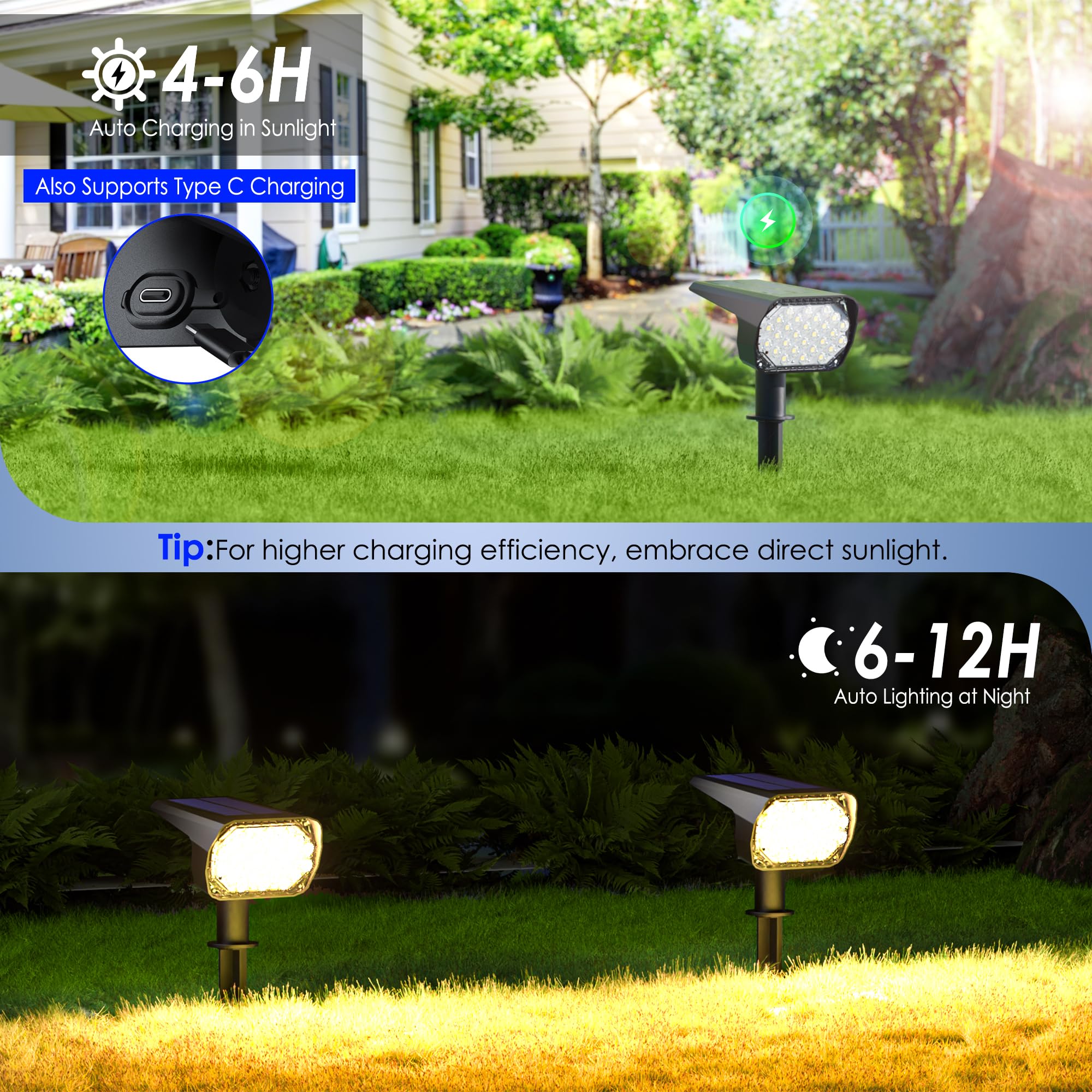Quntis Zestaw 2 zewnętrznych lamp solarnych, 3 kolory i 6 trybów Zewnętrzny reflektor słoneczny IP65 Wodoodporny, kabel USB C do ładowania Zewnętrzne światło słoneczne do dekoracji ogrodu Ścieżka