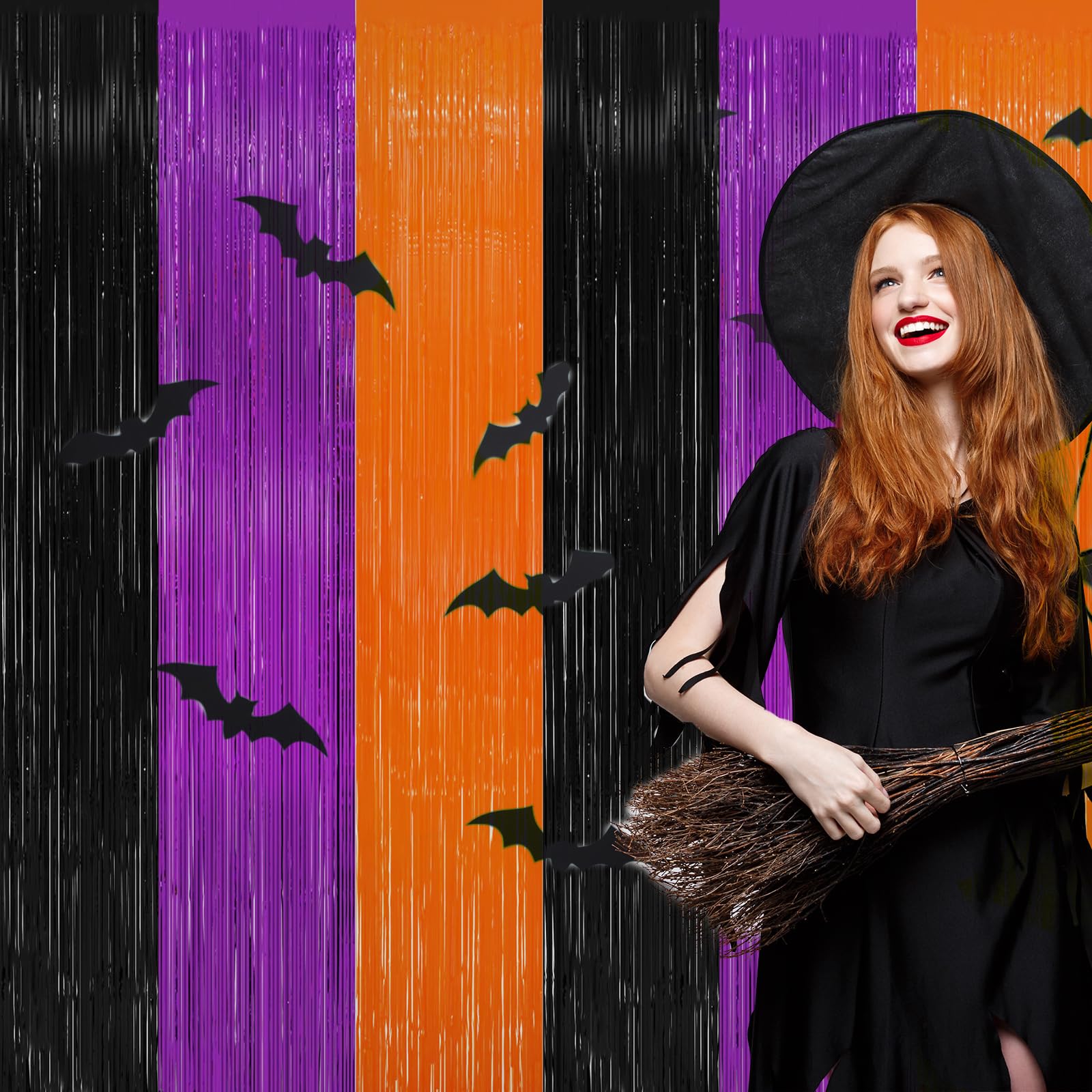 Halloween Folien-Fransenvorhang – Schwarz, Orange, Lila Metallisch, 2 Stück Je 1x3 M, Party-Deko & Foto-Hintergrund