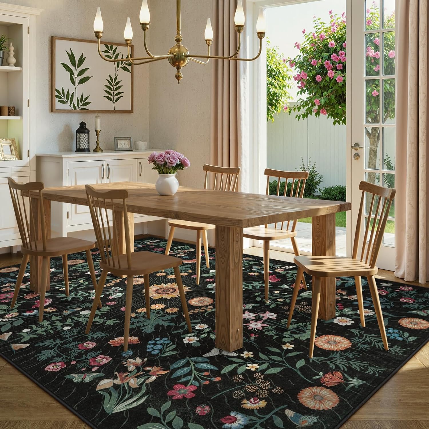 LIVEBOX Sunflower Botanical Washable 8x10 Area Rugs, Black Rug for Living Room, Non Slip Rugs for Bedroom, Boho Floral Indoor Throw Dining Room Carpet for Under Table Home Office Nursery Playroom