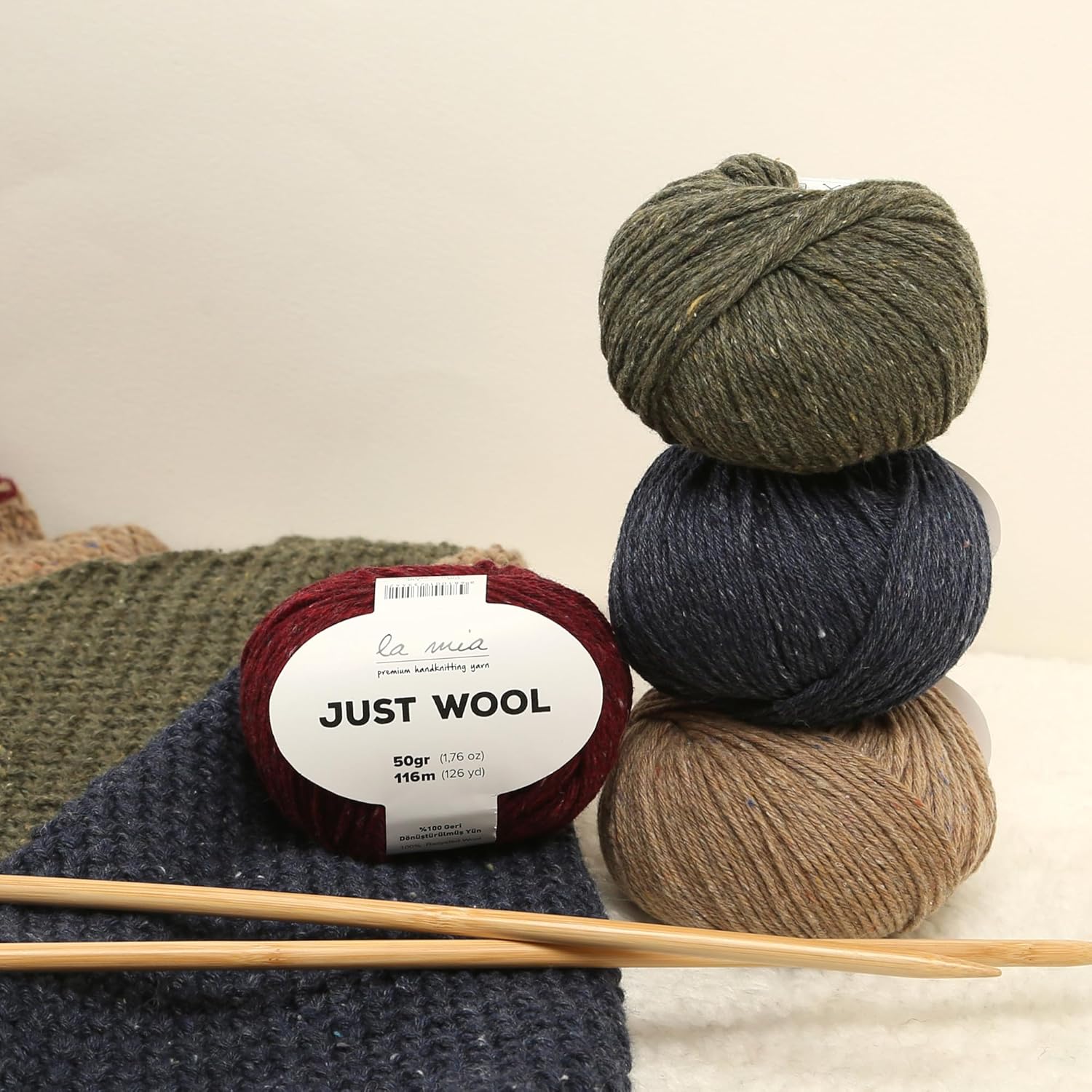 3 Ball (Pack) La Mia Just Wool, Total 5.28 Oz. 100% Recycled Wool, Each 1.76 Oz (50g) / 126 Yrds (116 m), 3 Light DK, Beige - LT004