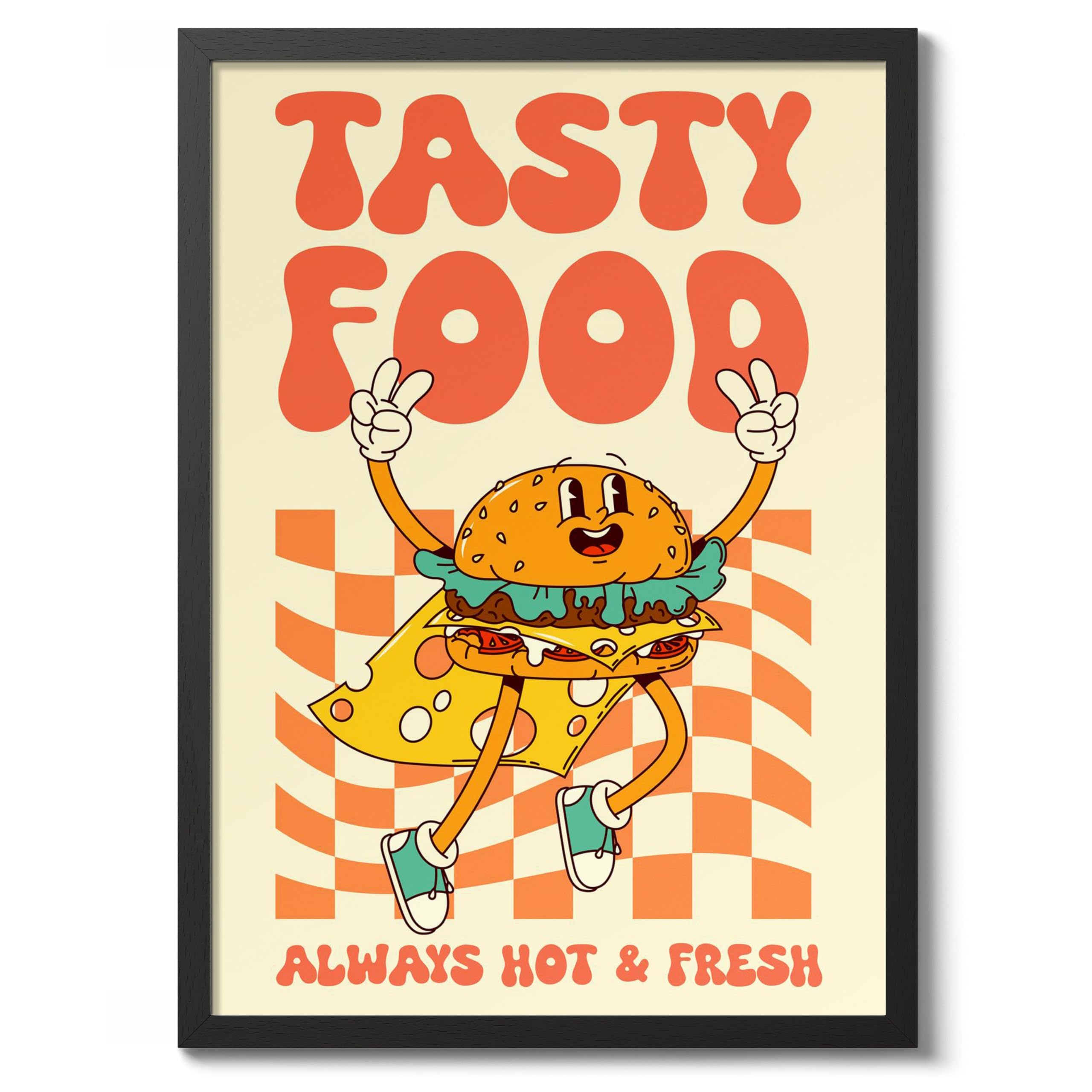 Tasty Food Kitchen Wall Art, Modern Food Poster, Cartoon Mascot Prints, Kitchen Typographic Home Decor, A1 (Black Frame) - 86.9x62.4cm