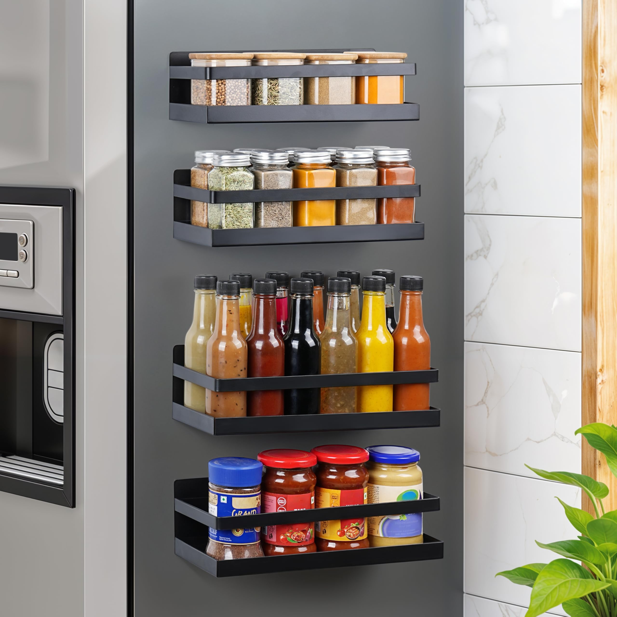 Winter Shore Estante Magnetico para Especias de Cocina (Pack de 4) - Especiero Pared Negro para Organizar y Almacenar - Estante Organizador de Nevera para Frascos de Condimentos y Especias
