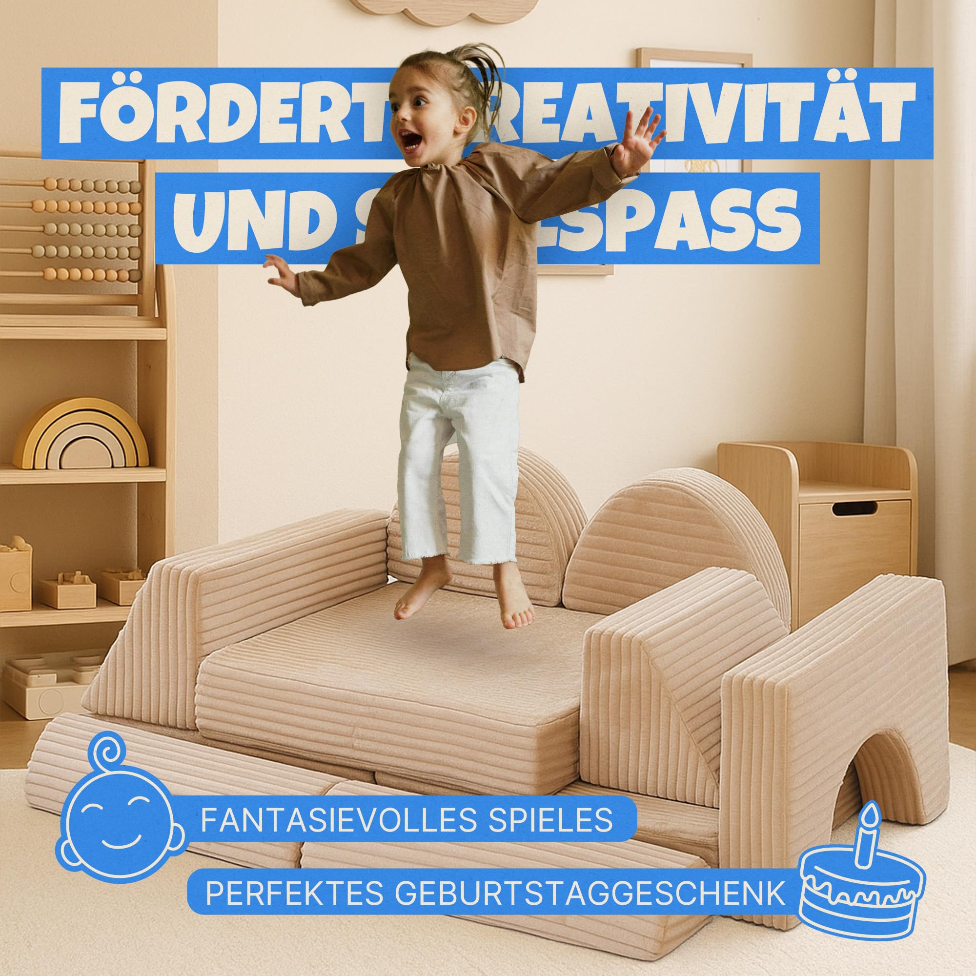 Bestlivings Spielsofa Kinder Beige Flanell-Cord | 11-teilig