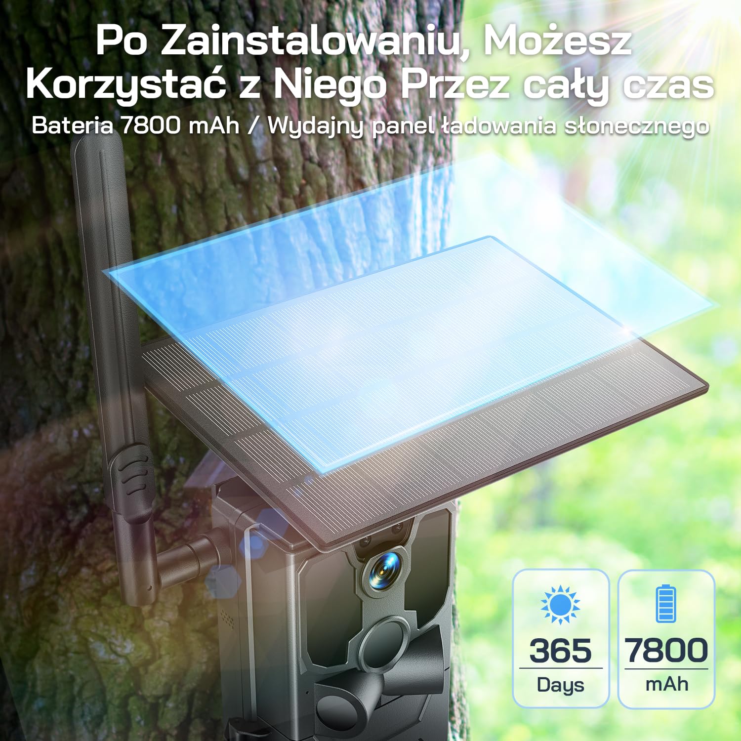 WOLFANG 4G LTE Wildlife Solarcamera 2.5K, Trailcamera met Uitstekend Nachtzicht, 0,2 s Activeringstijd, IP66 Waterdicht, Voor Wildlife Monitoring met Micro SD-kaar i SIM, czarny