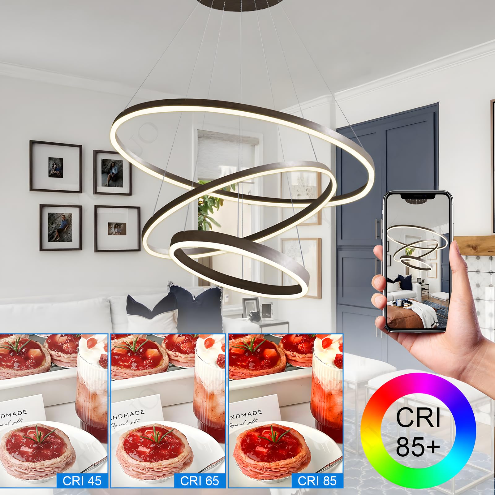 Nowoczesny Okrągły Żyrandol Led DIY | 3 Brązowy Pierścienie, ∅40+60+80cm=90W，H200cm Wysokość Nastawny, Metalowy + Akrylowy, Ściemniany Pilotem Okrągła Lampa Wisząca Sufitowa, Salon Sypialnia