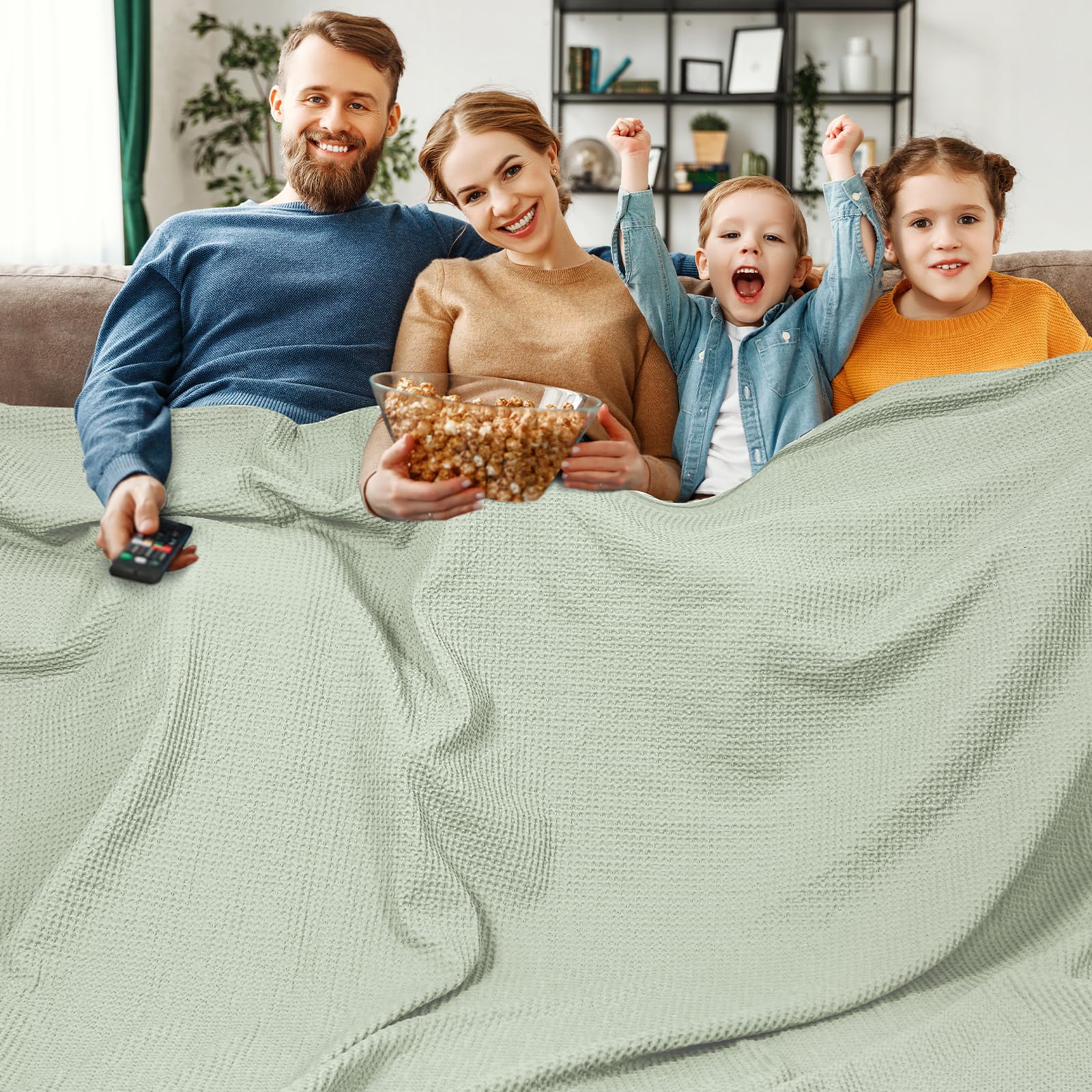 phf pre-washed cotton waffle weave family blanket,oversized king size 120"x 120"-snag proof lightweight breathable, 10'x 10' huge extra large big-elegant aesthetic home decoration gift,sage green