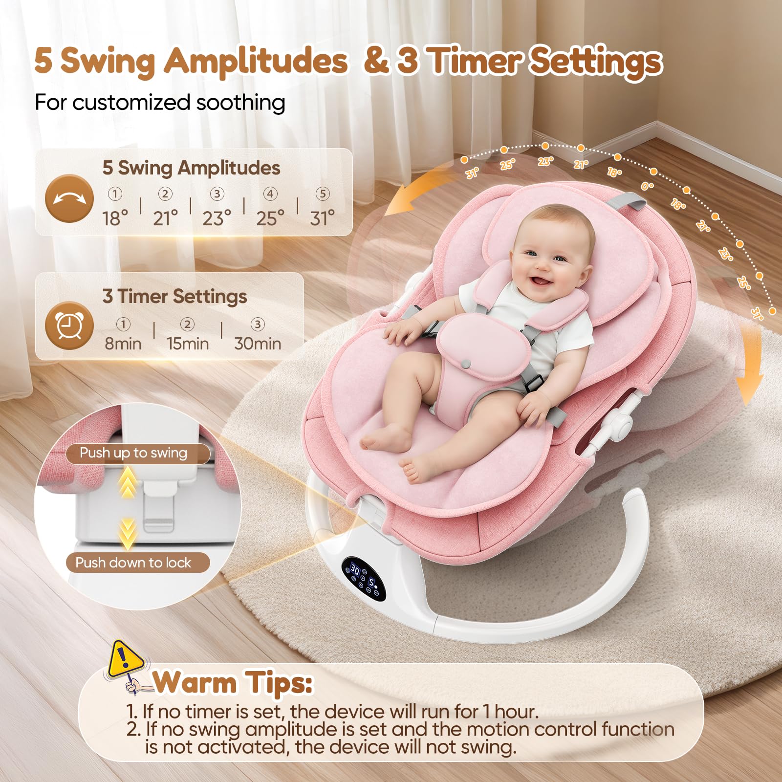 Dossier Réglable Transat Bébé Electrique, Balancelle Bébé Avec Coussin Amovible et Table D'appoint, Balançoire pour Baby avec 3 Minuteries et 5 Vitesses, 12 Mélodies, 3 Options D'alimentation (Rosa)