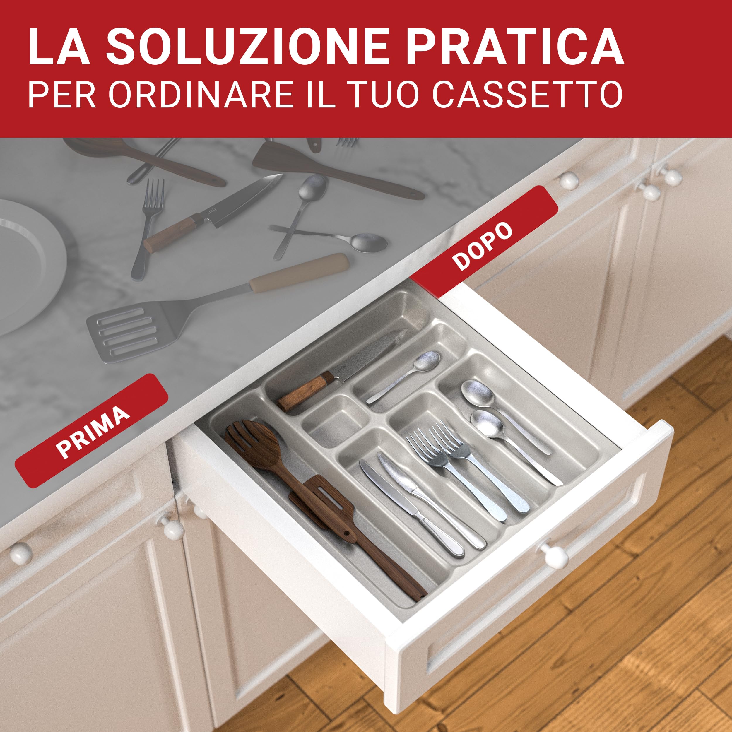 LouMaxx Portaposate per cassetti larghi cm, portaposate cm, prodotto in Germania, grigio con scomparti e angoli stabili, infrangibile e durevole (grigio argento, 47,3 x 42,6 cm - 7 scomparti)