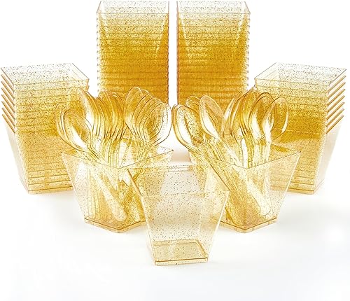 Miniatura 10 de Qeirudu Mini tazas de postre de 5 onzas con cucharas  Paquete de 50 tazas de parfait con purpurina dorada tazas cuadradas de plástico para servir