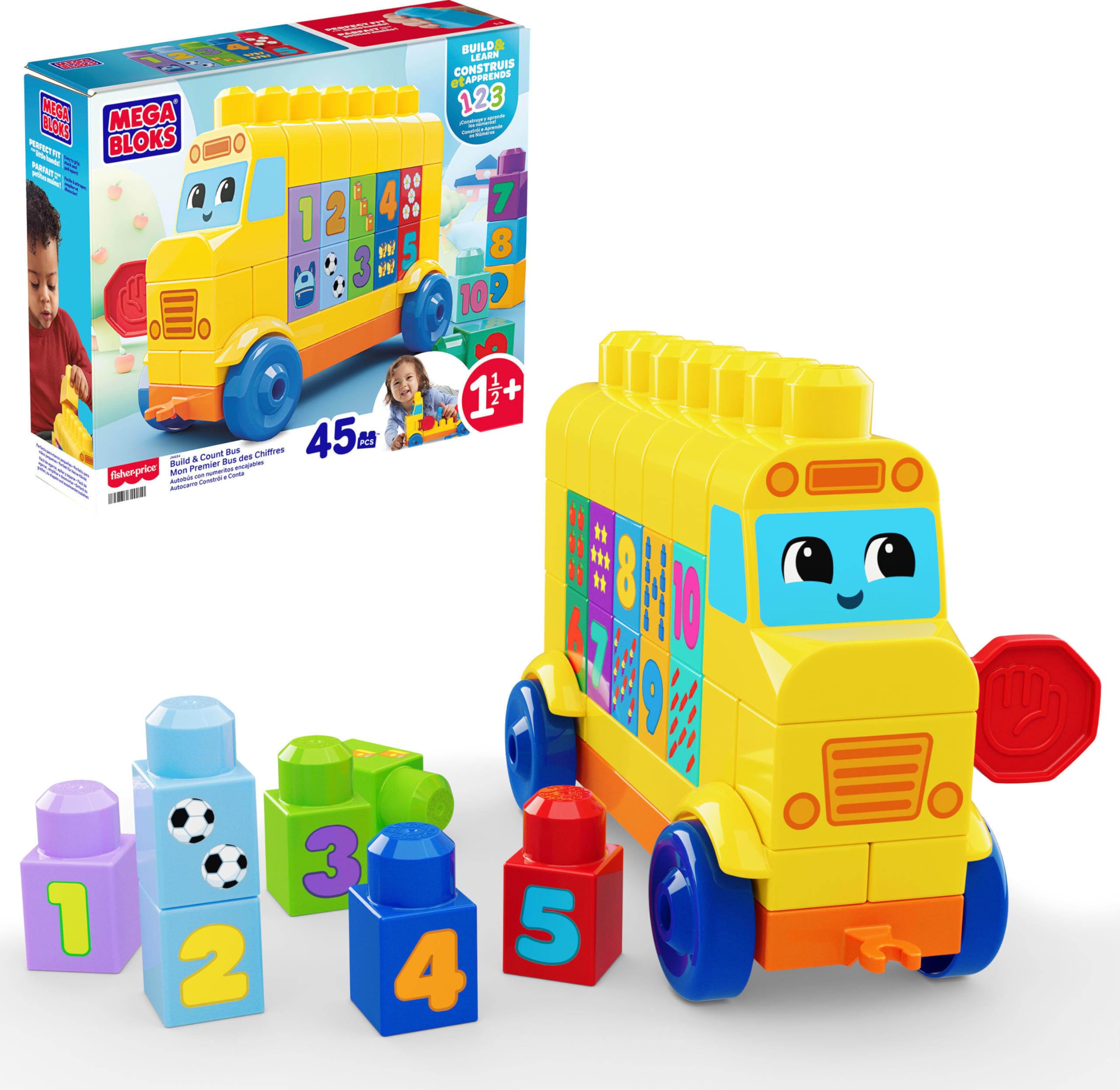 MEGA BLOKS First Builders Build & Count Bus Toddler Blocks Toy | 45 Pieces, Rolling Wheelbase, Learn Numbers and Counting, Yellow, Preschool Kids Ages 1+ Years, Easy to Build