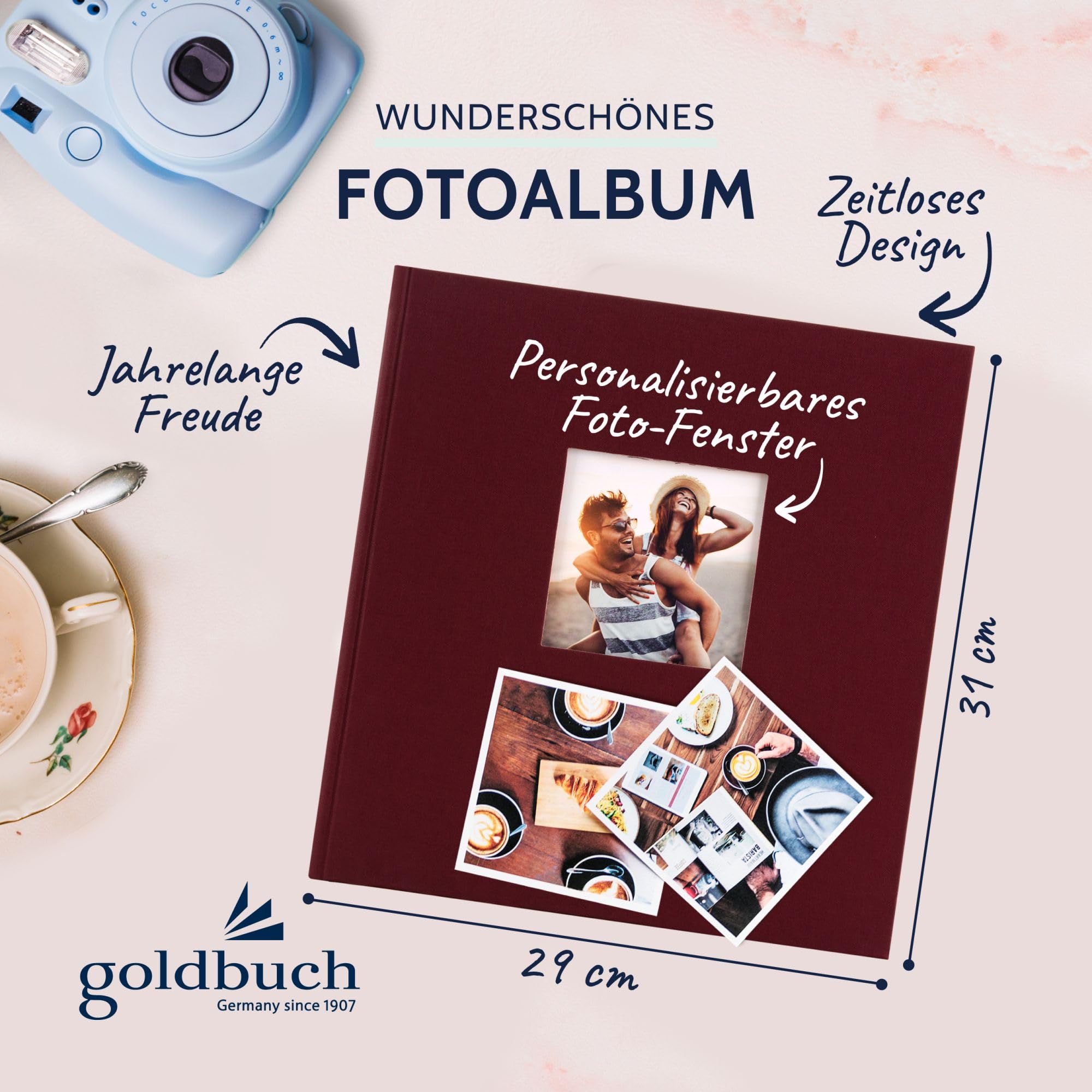 goldbuch 26 646 fotoalbum Bella Vista beige, fotoboek 30 x 25 x 2 cm, fotoalbum 40 witte pagina's, fotoalbum omslag linnen, fotoalbum met vensteruitsparing, fotoboek lichtbruin