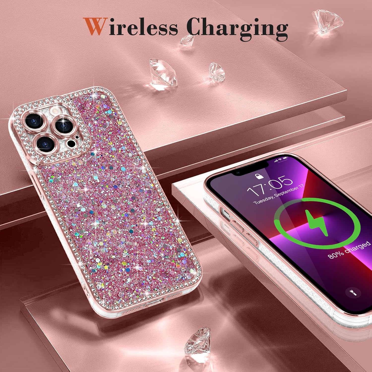 Lafunda for iPhone 13 Pro Max Case Glitter, Luxury Shiny Bling Sparkly Bumper Cover with Crystal Diamonds for Women Girls Soft Slim Shockproof Protective Phone Case for iPhone 13 Pro Max 6.7", Pink - Image 6