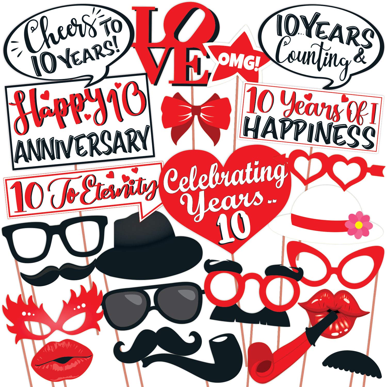 Wobbox 10th Anniversary Photo Booth Party Props DIY Kit, Red & White, Anniversary Party Decoration
