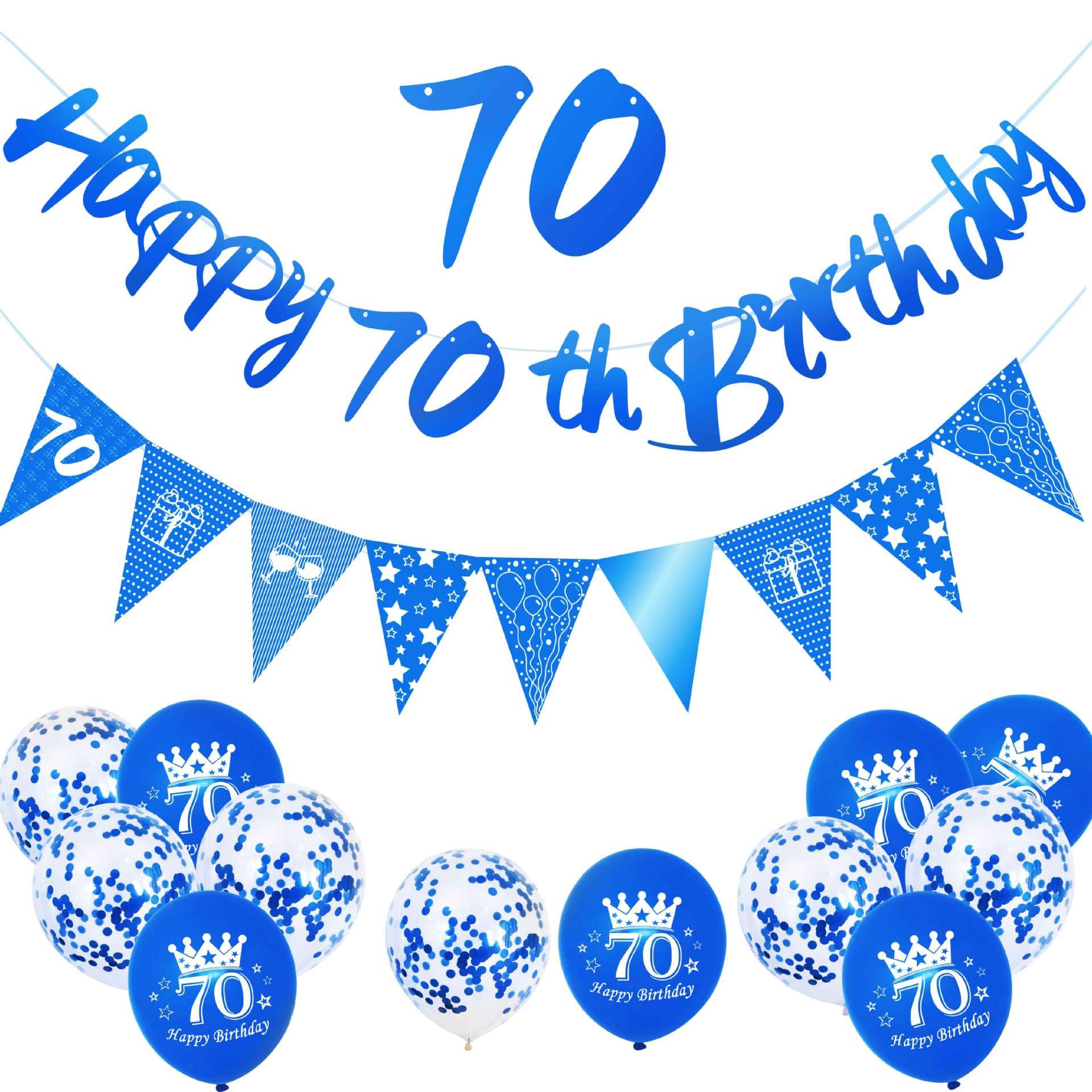 70th Birthday Decorations Blue and White Set – Happy 70th Birthday Banner, Triangle Bunting, Confetti Balloons – Elegant Party Decor for Men or Women