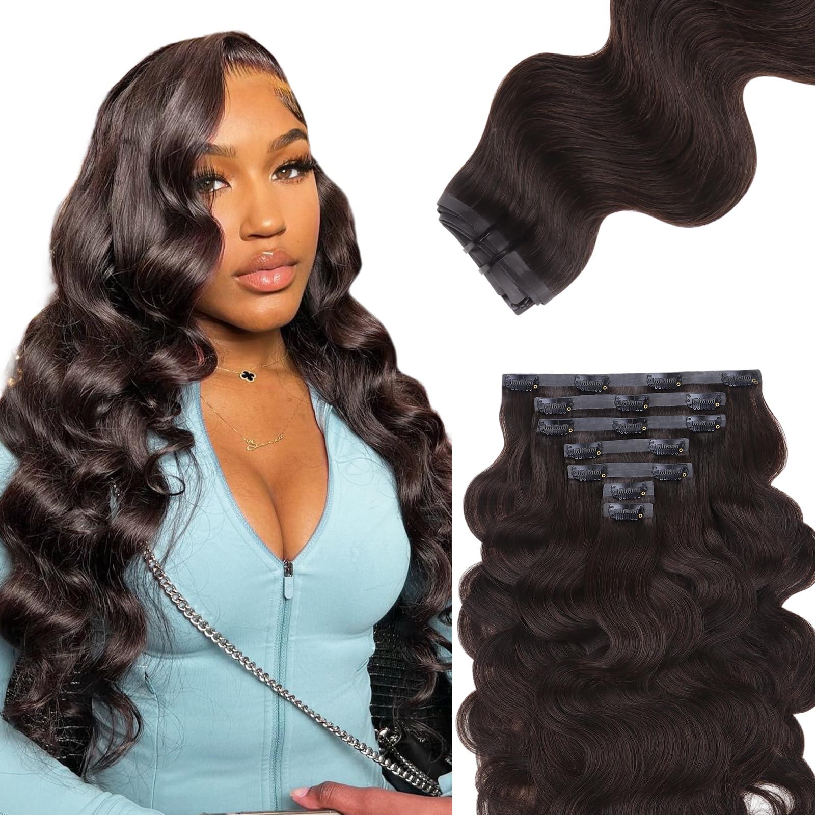 IDN BEAUTY Seamless Clip In Hair Extensions Human Hair Dark Brown Real Remy Virgin Human Hair Seamless Clip Ins For Black Women PU Weft Invisible Edge