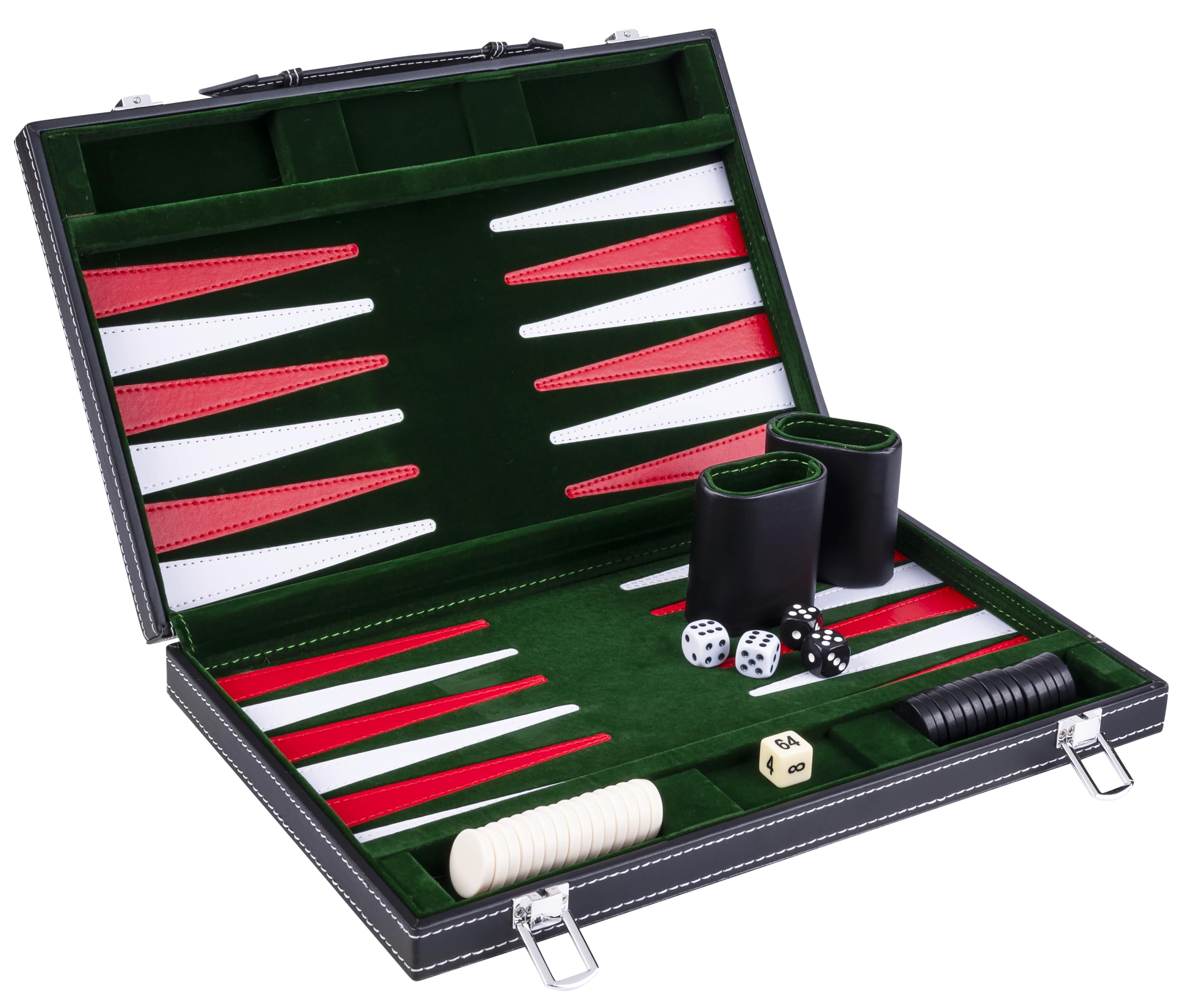 Engelhart – 250517 – Backgammon 15” (38 cm) in Similpelle Cucita – Tavola con Velluto e Cuciture – Aperta: 36x48 cm – Verde, Rosso, Bianco – Gioco da Tavolo Portatile per 2 Giocatori