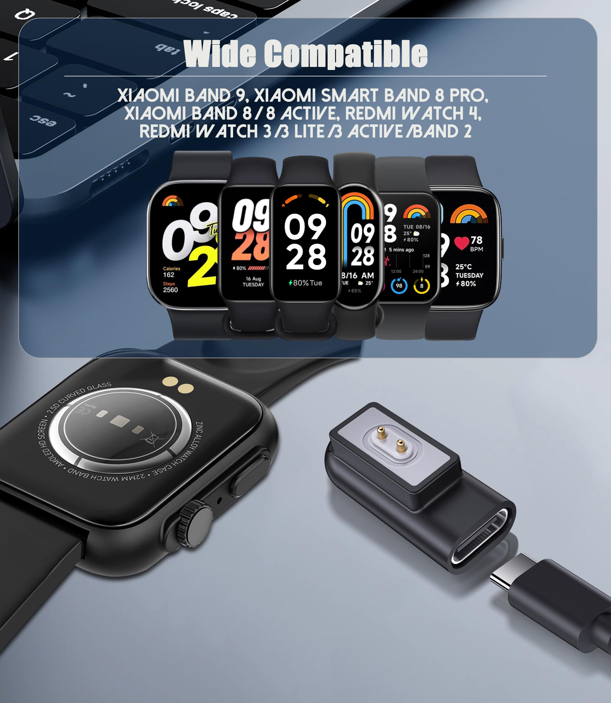 1 Sztuki Adapter USB C, Kompatybilny z Xiaomi Band 10/9 / 9 Pro / 8 Pro / 8/8 Active, Redmi Watch 3/3 Lite/Watch 5 Active / 5 Lite / 4/3 Active, Redmi Band 2 - Czarny 5V1A