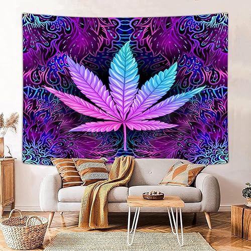 Miniatura 2 de Tapiz de hojas mágicas, fresco Trippy neón morado teñido anudado, tapiz para colgar en la pared para dormitorio de hombres, tapiz hippie bohemio