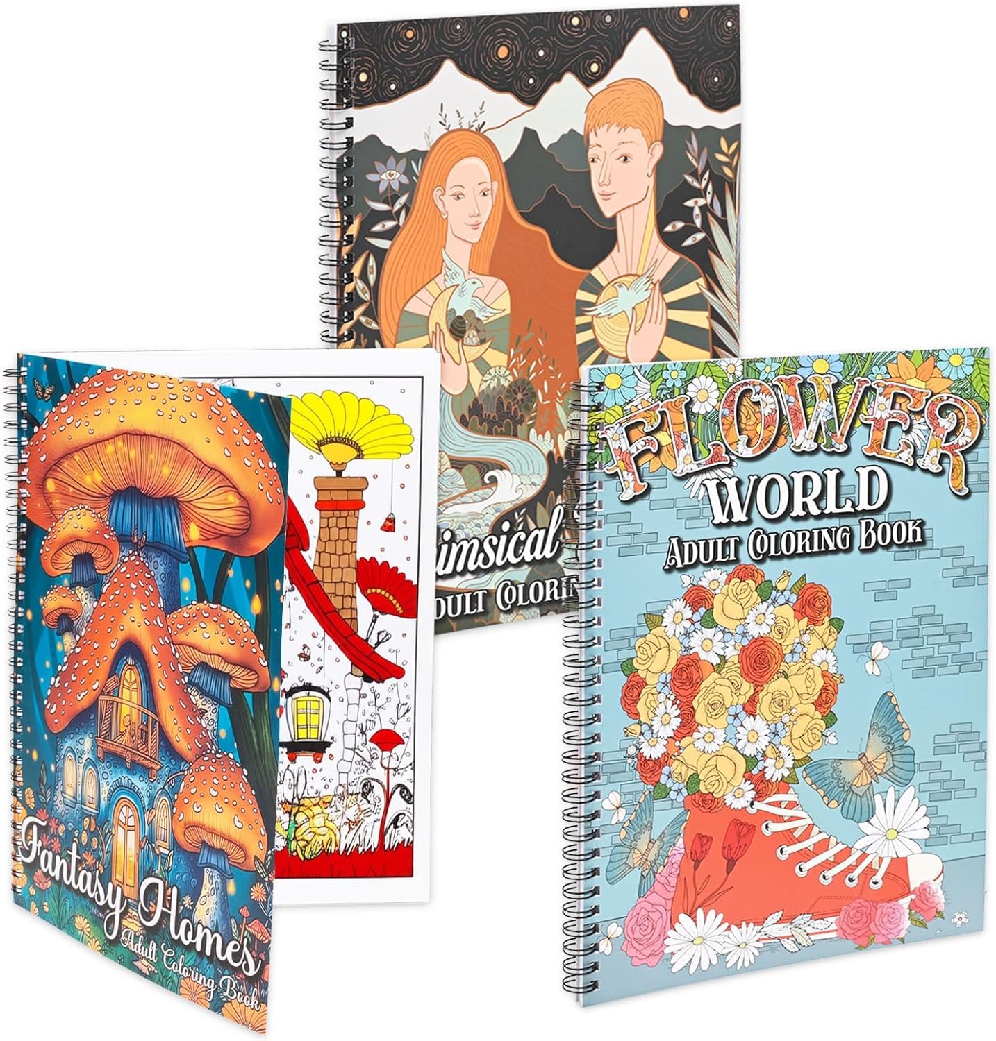 Pobuu Malbücher für Erwachsene, einzigartiges Malbuch-Set: Blumenwelt, Fantasiehäuser und skurriles Universum für Erwachsene oder Frauen, um sich zu entspannen und Angst zu lindern, 3 Stück
