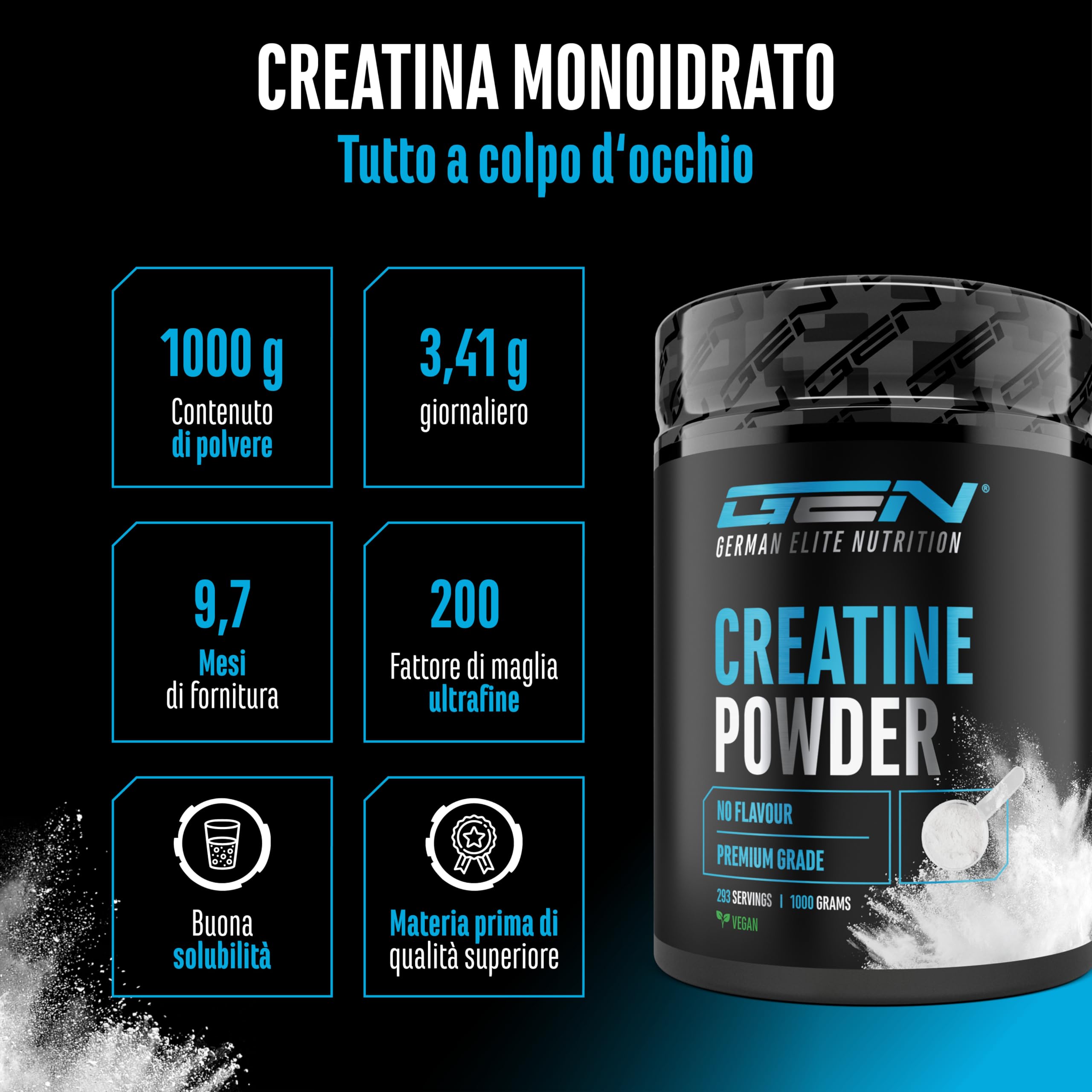 Creatina in polvere - 1kg / 1000 g - Creatina monoidrato in polvere - Solubilità ottimale e microfine - Vegan - 293 applicazioni - Qualità testata
