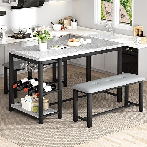DKLGG Juego de mesa de comedor para 2-4 personas, mesa de cocina pequeña con estante para vino, estantes de almacenamiento y soporte para copas de
