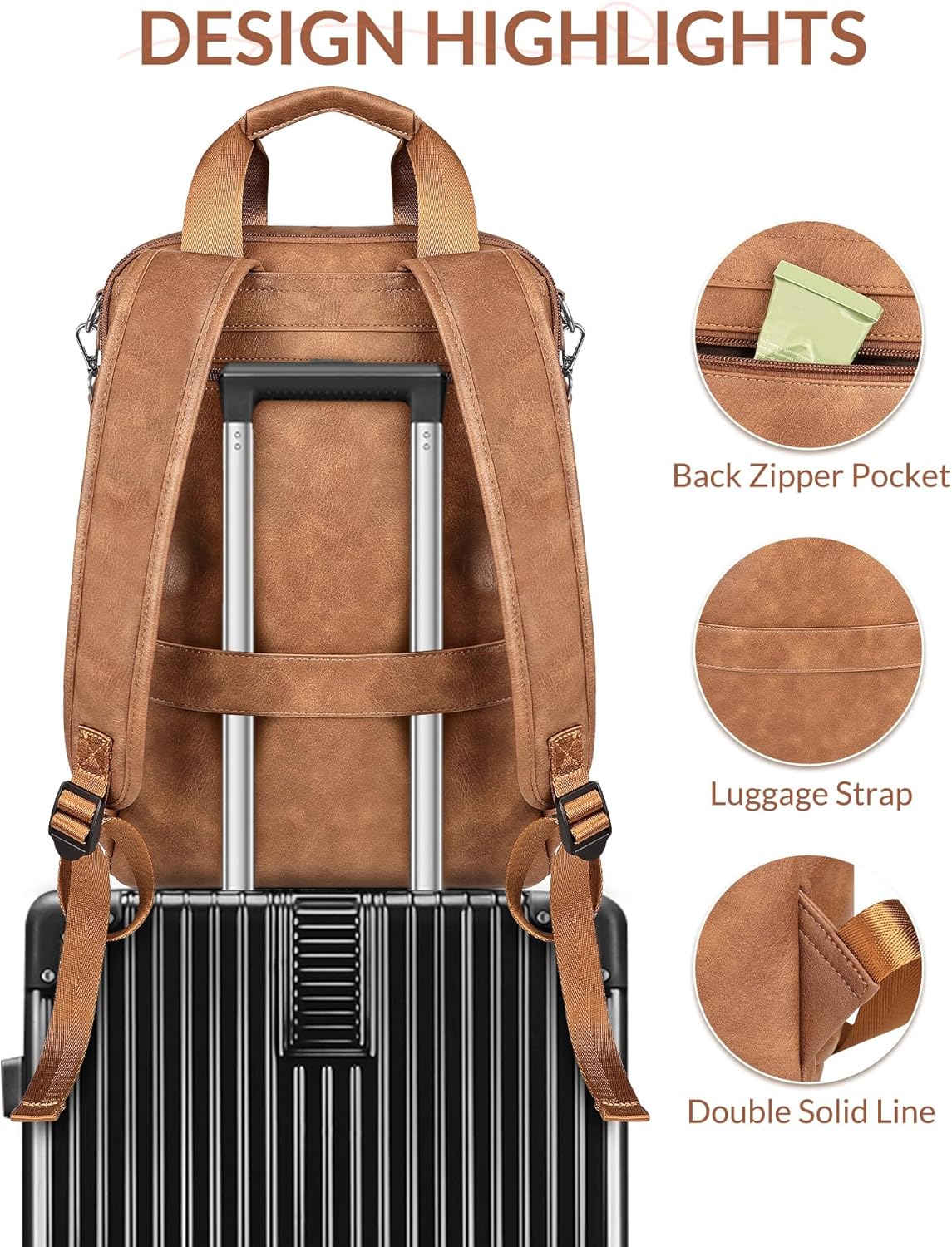 SYTRAH Leather Laptop Backpack 15.6 Inch Womens Laptop Bag, 3 IN 1 Computer Bag Handbag with Colorful Shoulder Bag Strap for Work Travel College Mocha Brown