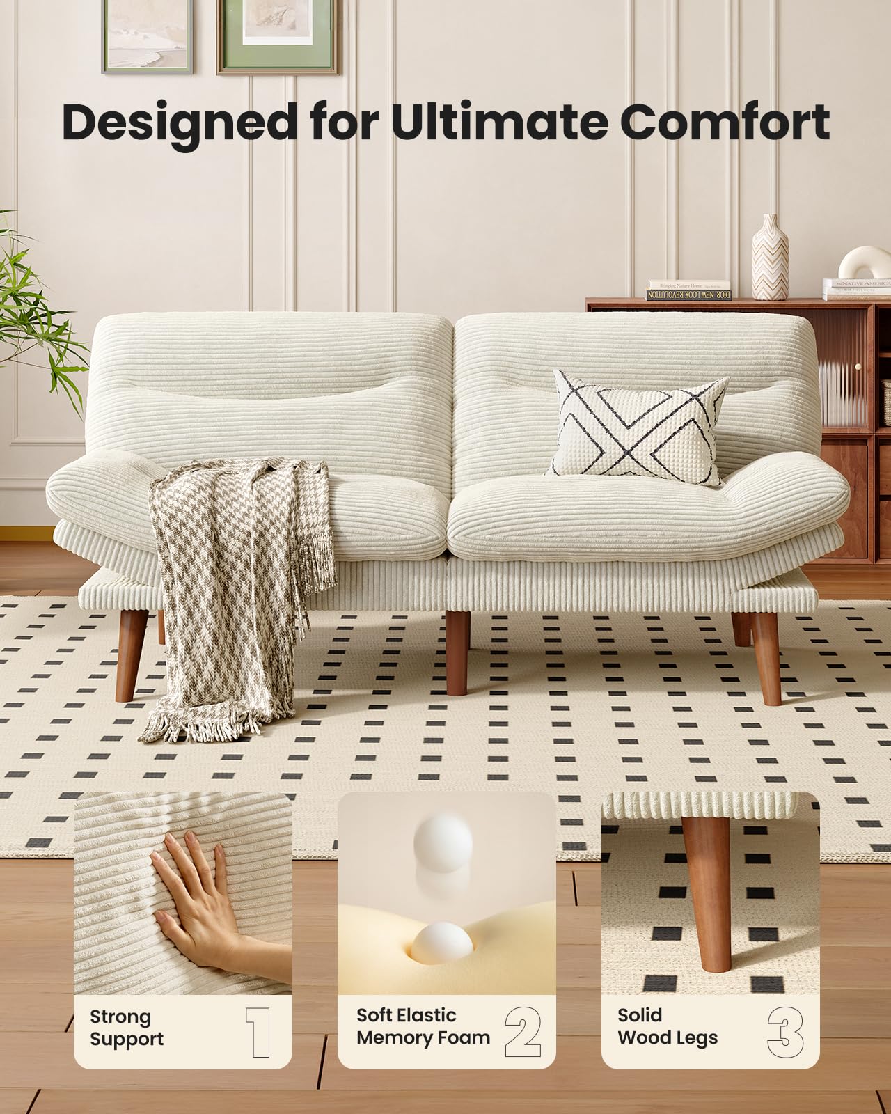 AMADA 66"Convertible Futon Sofa Bed, Corduroy Folding Futon Set with Adjustable Backrest &Armrests, Recliner Lounge for Living Room, Apartment or Office, Solid Wood Frame, Loveseat Sofa - Beige White