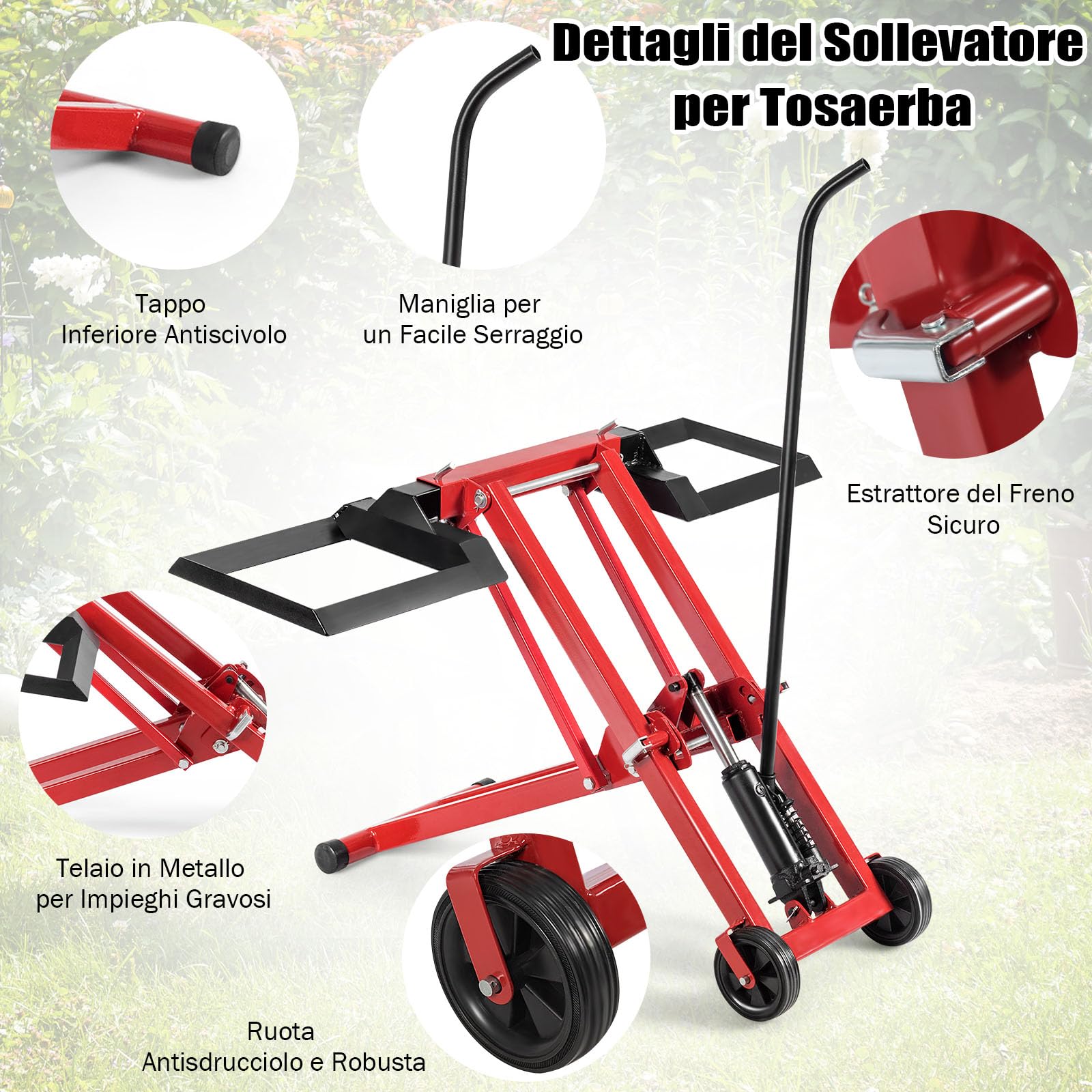 GYMAX Sollevatore Portatile per Tosaerba, Supporto Idraulico Pieghevole con 2 Ruote, 3 Altezze Regolabili, Capacità di Carico 227 KG, Piattaforma di Sollevamento Idraulica per Tosaerba, Trattori