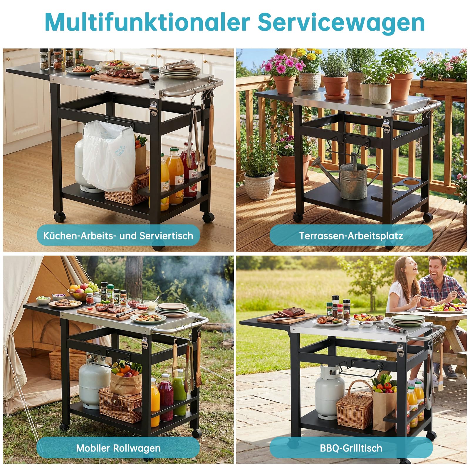 LIFERUN Desserte Barbecue Extérieur avec Table d'appoint Pliable, Chariot Plancha 2 Niveaux avec Dessus de Table en Acier INOX, Chariot de BBQ Pizza 4 Roues, pour Cuisine, Jardin et Fêtes, 116x48 cm
