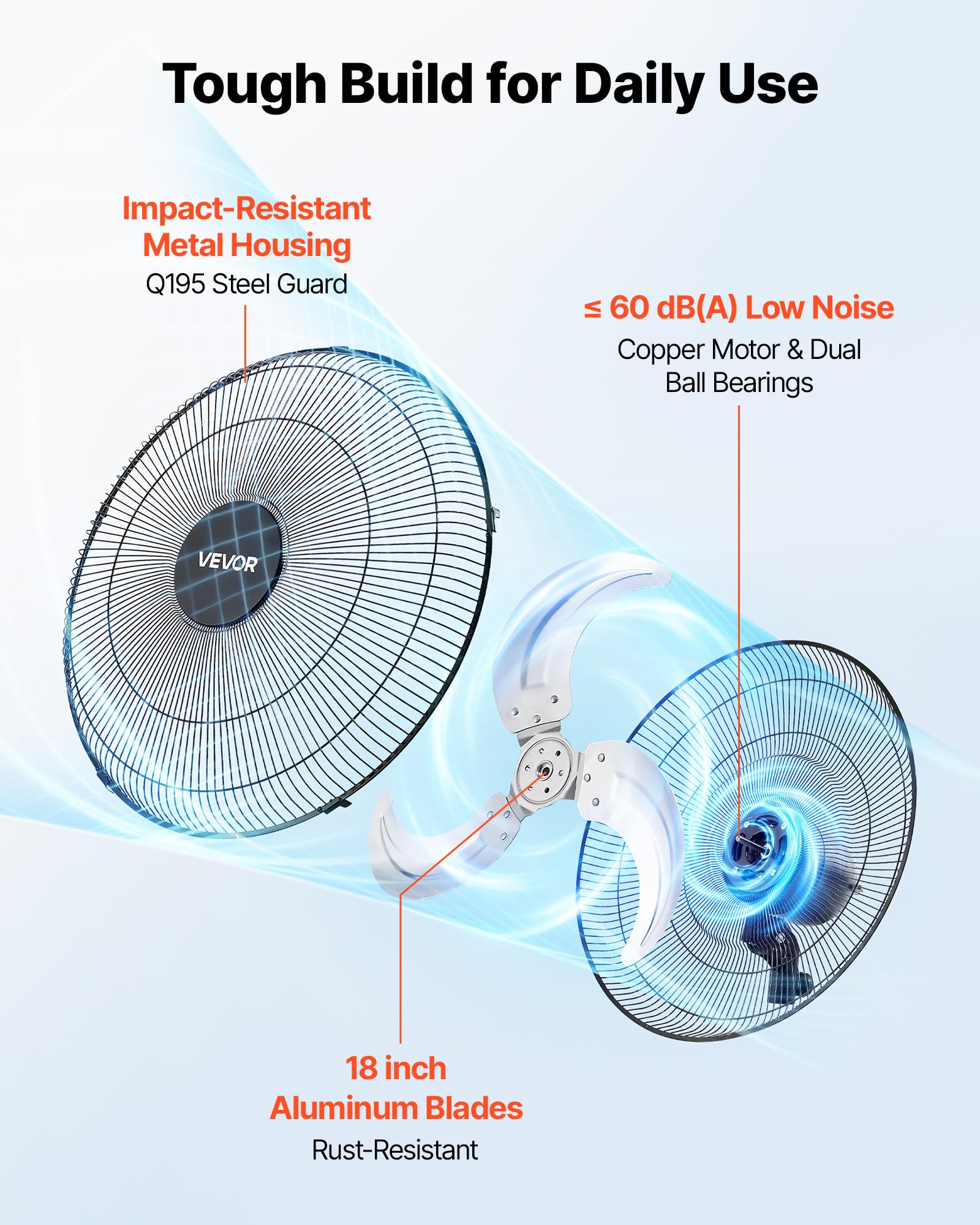 VEVOR Ventilatore da Parete Industriale, 457 mm, Ventilatore Oscillante a Muro, 3 Velocità, Flusso d'Aria Potente, Angolo Regolabile, Adatto per Officine, Garage, Palestre e Ambienti Commerciali