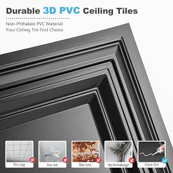Art3d 12-Pack Waterproof Drop Relief Ceiling Tiles, 24 x 48 in, Black