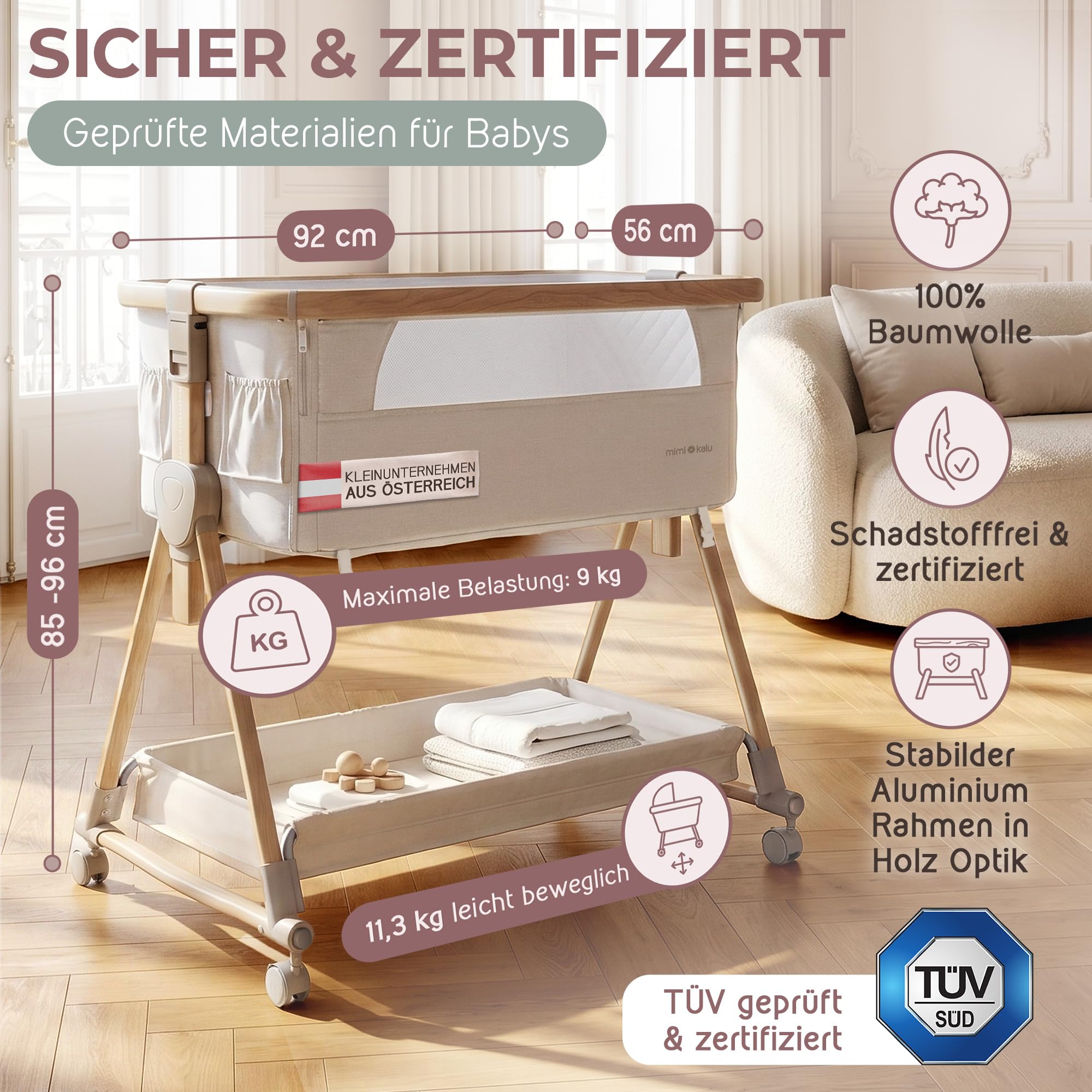 mimi kalu® Beistellbett Baby mit Rollen für Boxspringbett & europäische Standardbetten – 4-in-1 Baby Bett, Stubenwagen, Reisebett & Babywiege – höhenverstellbar