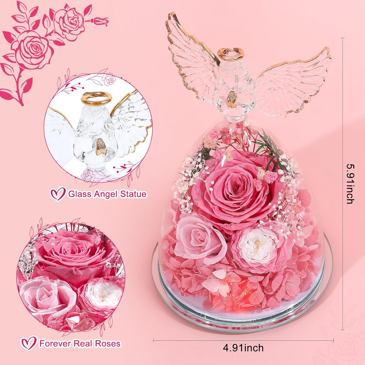 FIACO Valentines Day Gifts for Her Women Birthday Preserved Rose in Glass Angel Figurine Forever Fresh Flower for Delivery, Valentines Flowers Gifts for Mom Grandma Wife Daughter Pink - Image 2