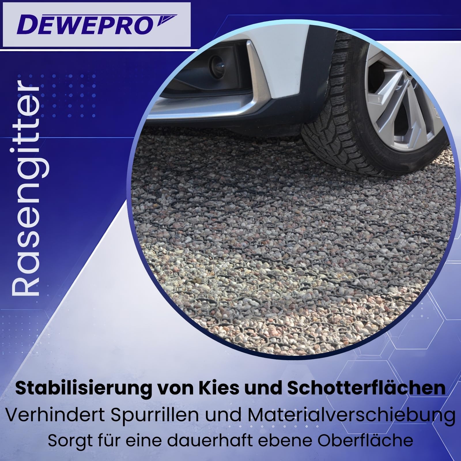 DEWEPRO Rasengitter 50x50x4 cm 10 Stück - Kunststoff Rasenwaben für Einfahrt, Parkplatz & Garten - Belastbares Kiesgitter zur Flächenbefestigung