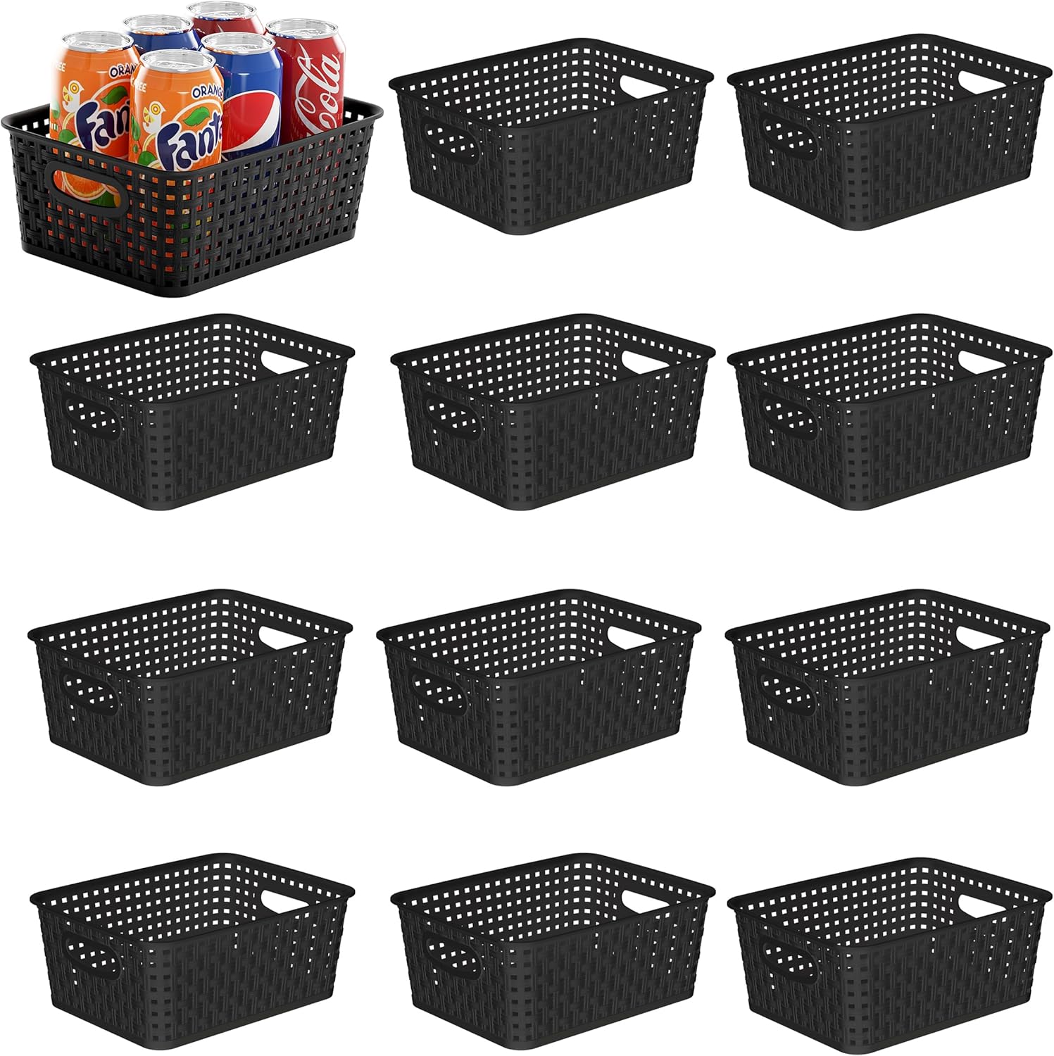 Black Storage Baskets, 12-Pack Stackable Plastic Woven Basket Organizer and Storage, Pantry baskets for Shelves, Cabinets, Classroom, Kitchens, Bathrooms, Countertops and Bedrooms