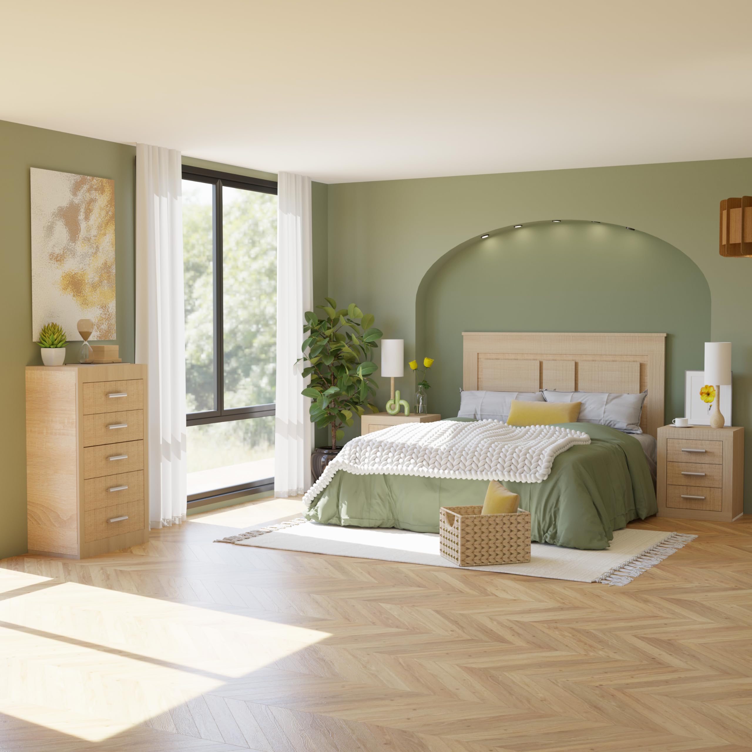 duehome | Pack de Dormitorio con Cabecero + 2 mesitas de Noche + Sinfonier + Espejo + Armario y Cajonera Interior, Dormitorio Completo, Modelo Kira 5c Plus, Acabado en Tofe y Textil