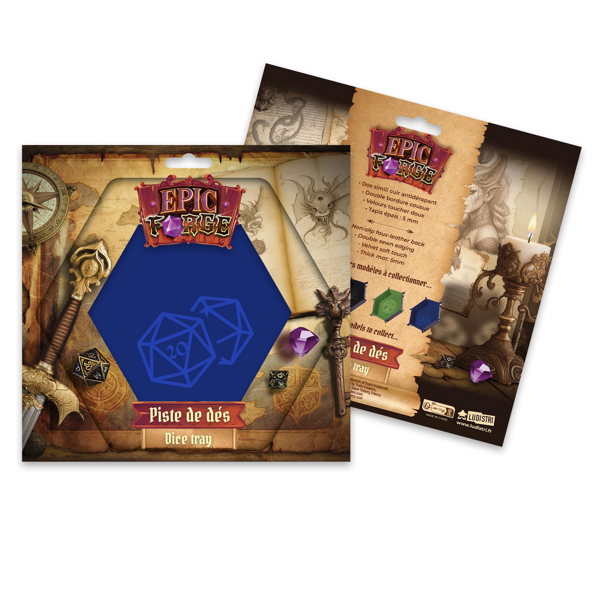 Epic Forge-Dice Track - D20 Dark Blue - 19 x 19 cm - Leather and Velvet, 19 cm x 19 cm
