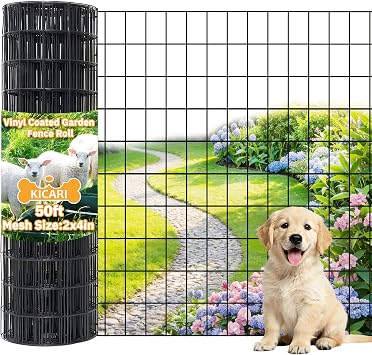 Black Metal Garden Fence, 60inchH x 50ftL, 2 inch x 4 inch,12.5GA 2/3/4/5/6 Ft Tall Chicken Wire PVC Coated Welded Wire Mesh Roll for Dogs Border Yard Vegetable Plant Protection Poultry Netting