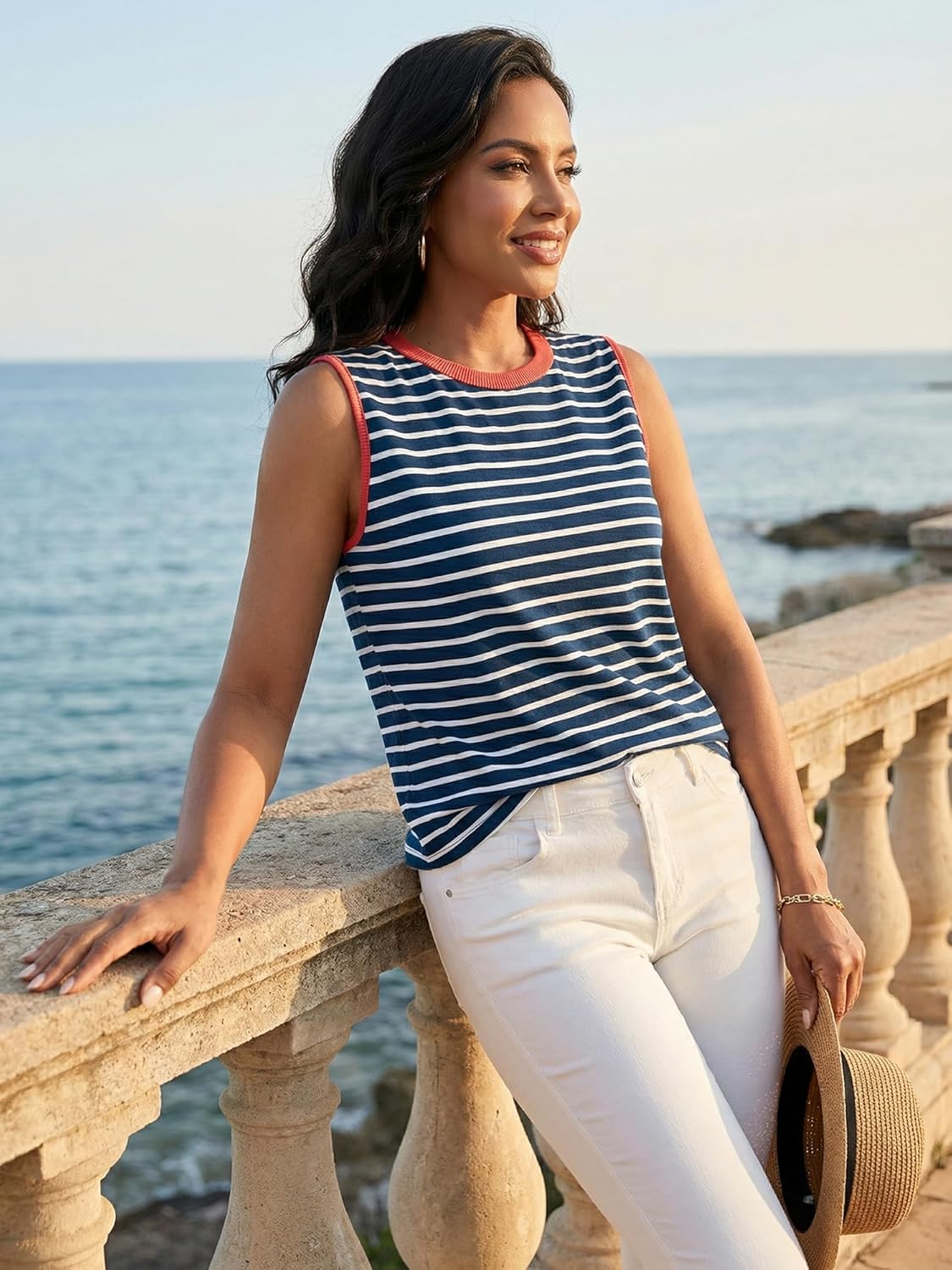 Womens Striped Tank Tops Color Block Side Slits Crewneck Summer Tops Casual Loose Fit Sleeveless Shirts - Image 2