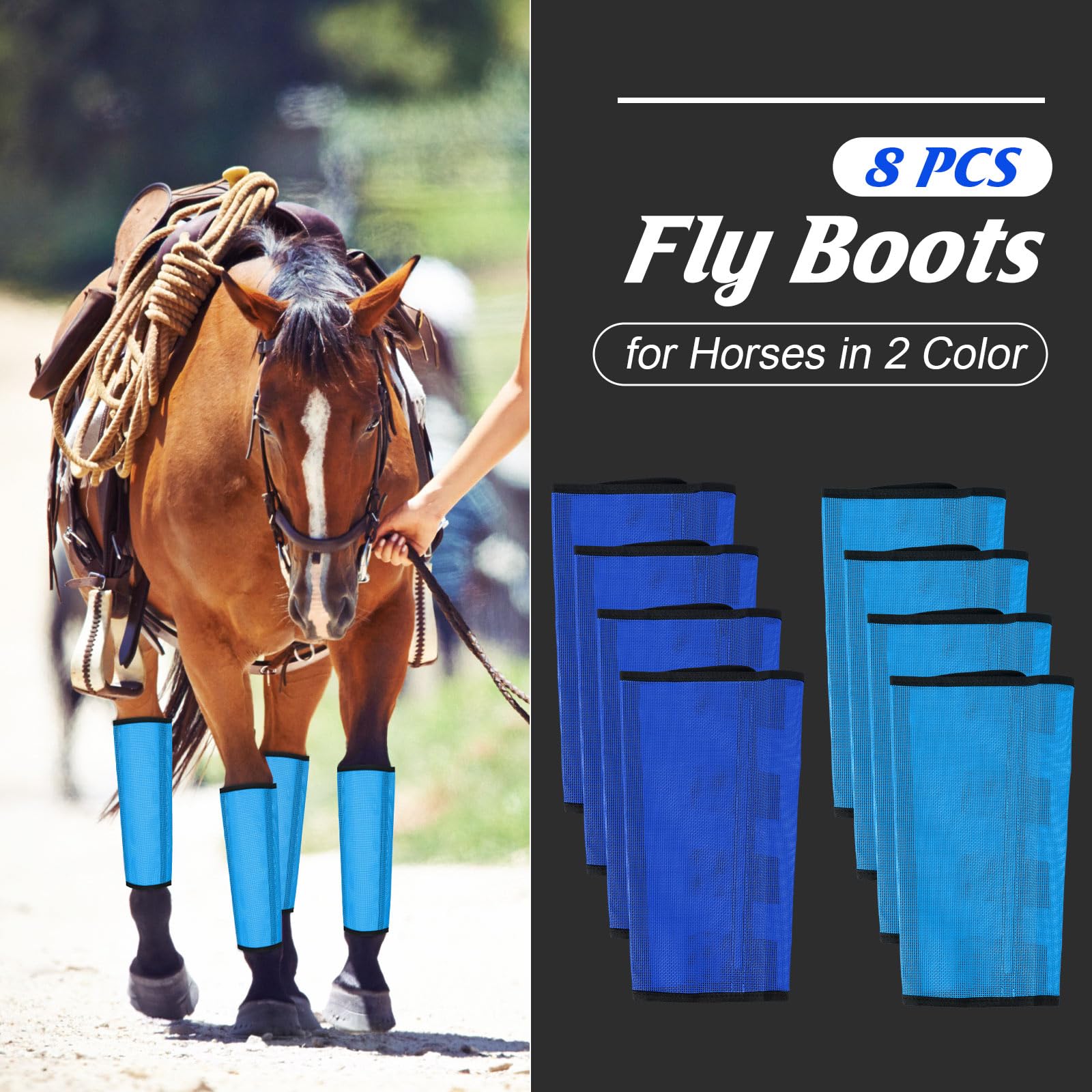 8 Pcs Mesh Fly Boots for Horse Breathable Mesh Horse Boots Protective Horse Leg Wraps Horse Leggings for Preventing Flies and Mosquitoes Bites (): Dark Blue, Sky Blue