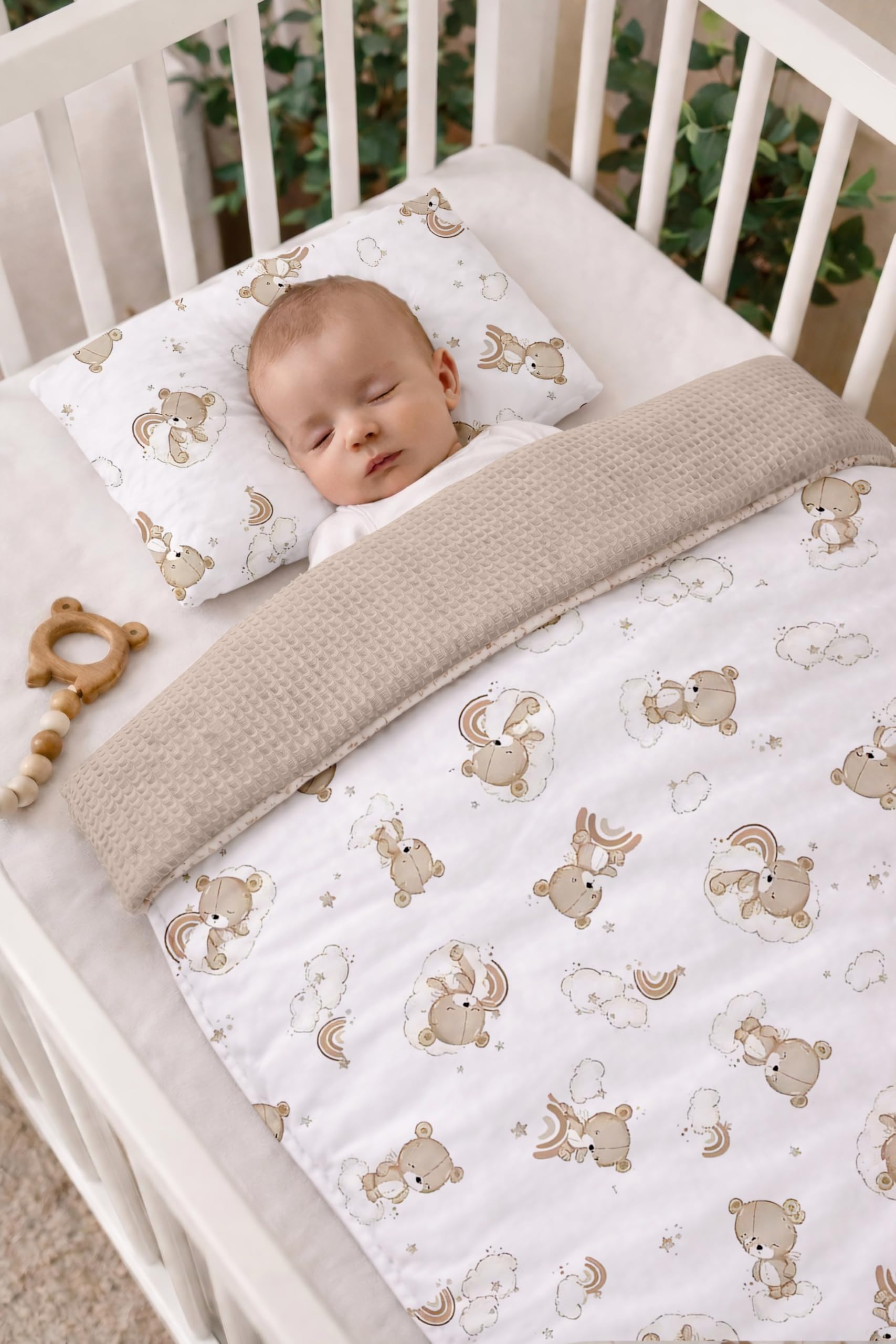Babynest Nestchen Baby Set für Neugeborene – 5-teilig – Kuschelnest aus 100% Baumwolle & Waffelpique – Babykokon tragbar – für Babybett, Kinderbett & Kinderwagen – OEKO-TEX - Teddy und Sand