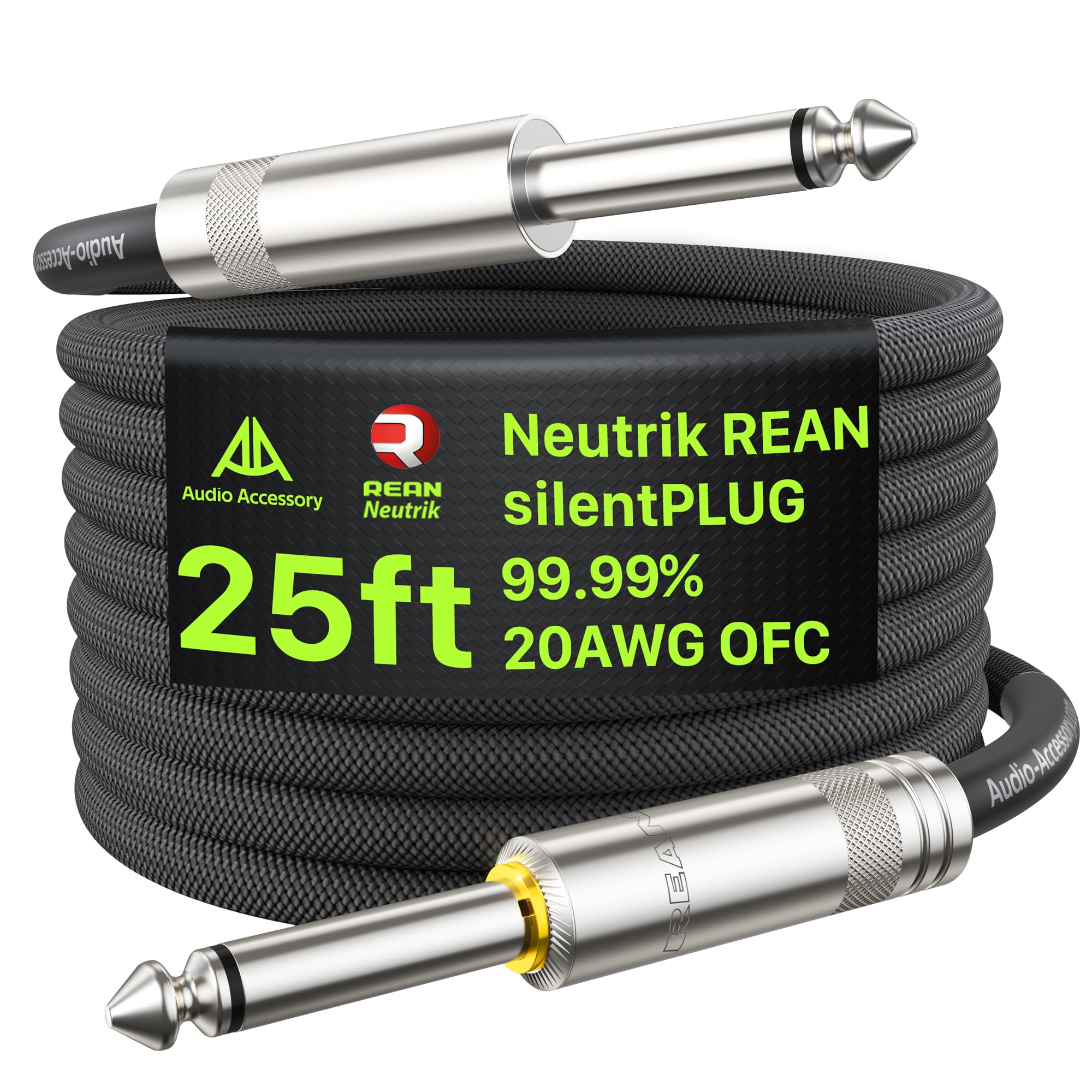 Neutrik REAN - Cable de guitarra silencioso de 25 pies, nailon reforzado con Kevlar, antitorceduras, silencio automático 20 AWG, 99.99% OFC 1/4, cable de amplificador blindado para bajo