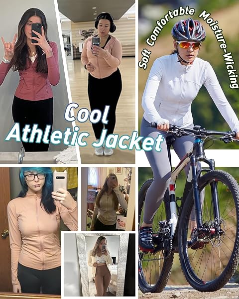 Locachy Giacca da donna aderente con zip intera per atletica, corsa, sport, allenamento, con fori per pollici - 4