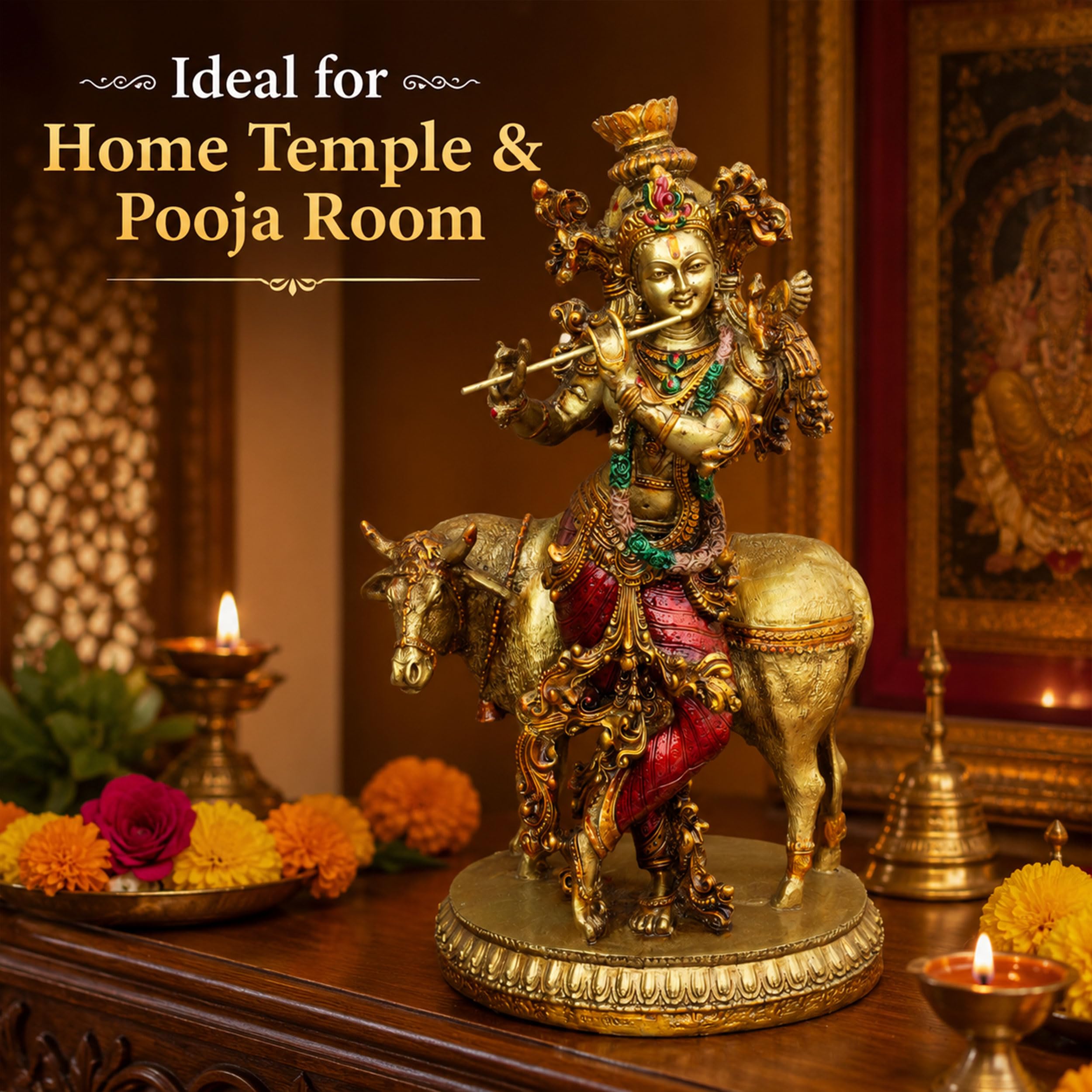Govinda Gopala Statue, Lord Krishna and Cow Idol Showpiece, 10 Inch Double Coated Resin Antique Decorative Murti for Home Temple, Pooja Room & Gift — photo — 4 of 8